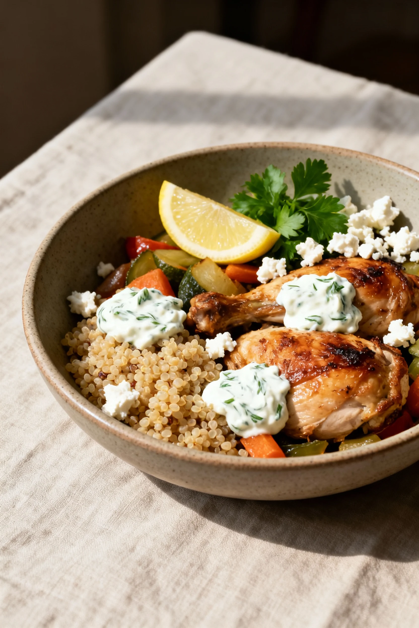 Beautifully plated bowl of roasted chicken and veggies over fluffy quinoa with dollops of herby Greek yogurt sauce; lemo