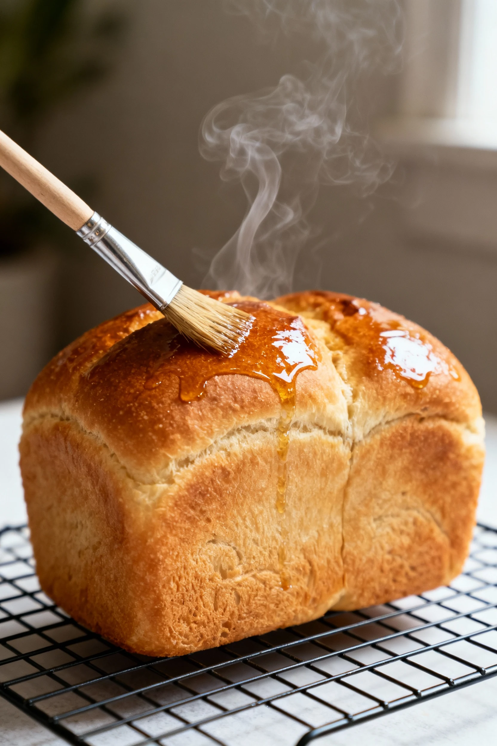 Cooking process: just-baked loaf on a cooling rack, simple syrup brushed over the crown for shine; steam visible, pastry