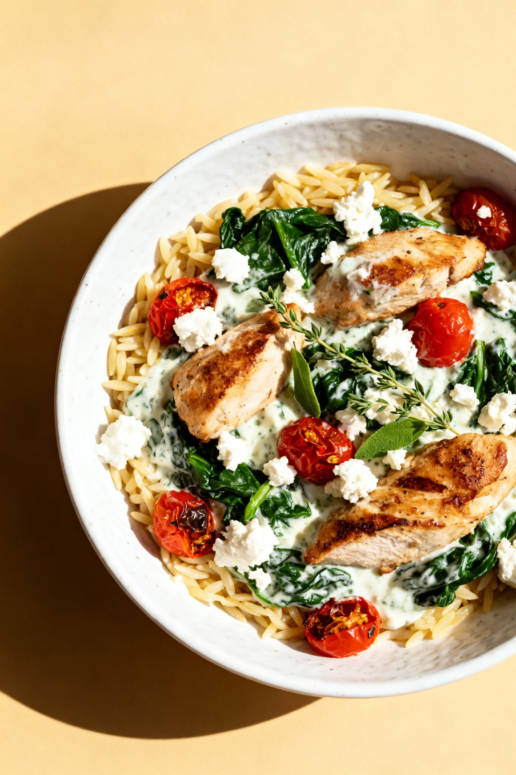3. Overhead shot of orzo tossed with the yogurt sauce, seared chicken, wilted spinach, and blistered cherry tomatoes, sp