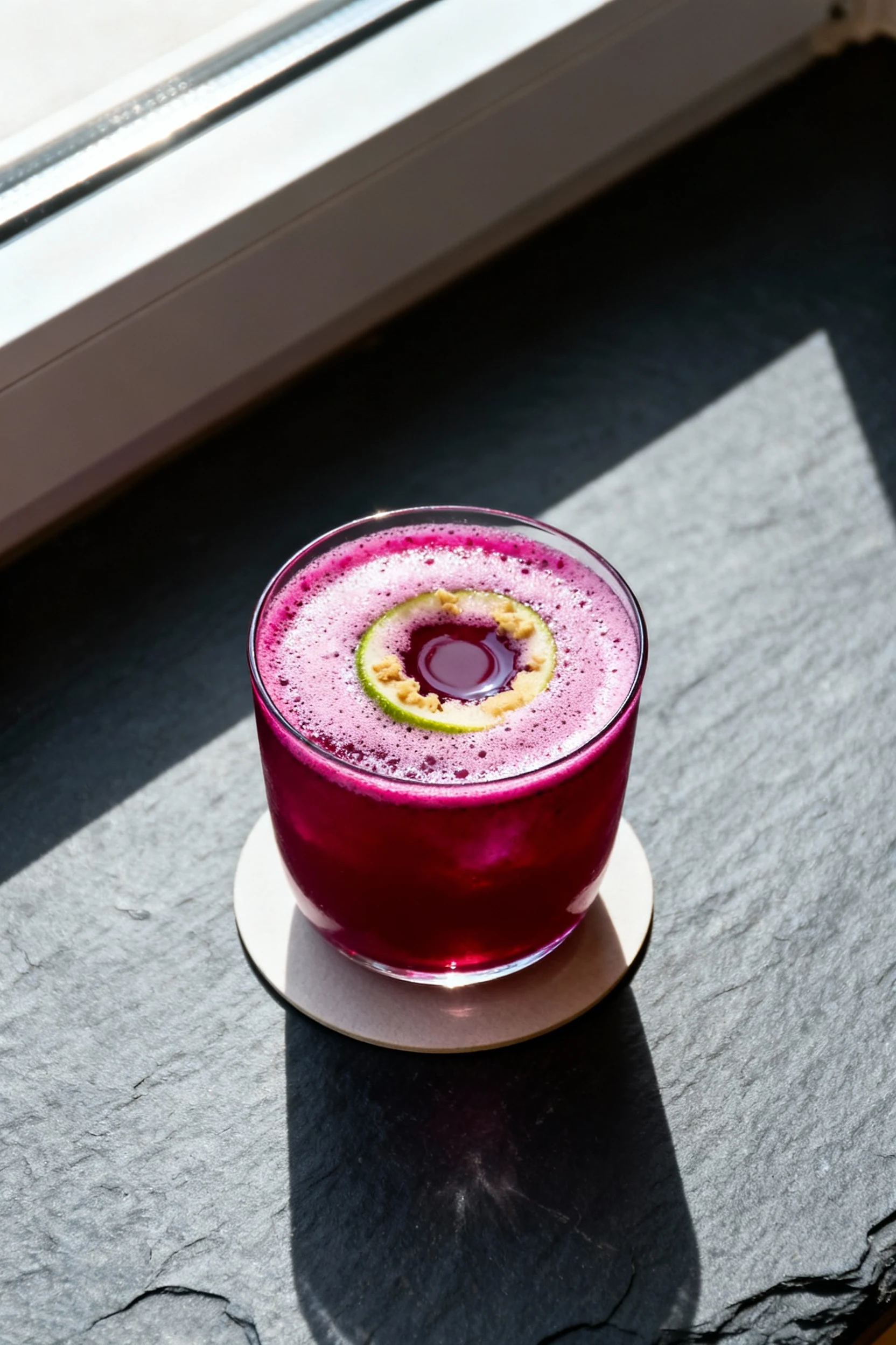 Overhead shot of Beet Charger (beet, apple, lime) in a round glass, deep magenta color with a subtle ginger foam ring an
