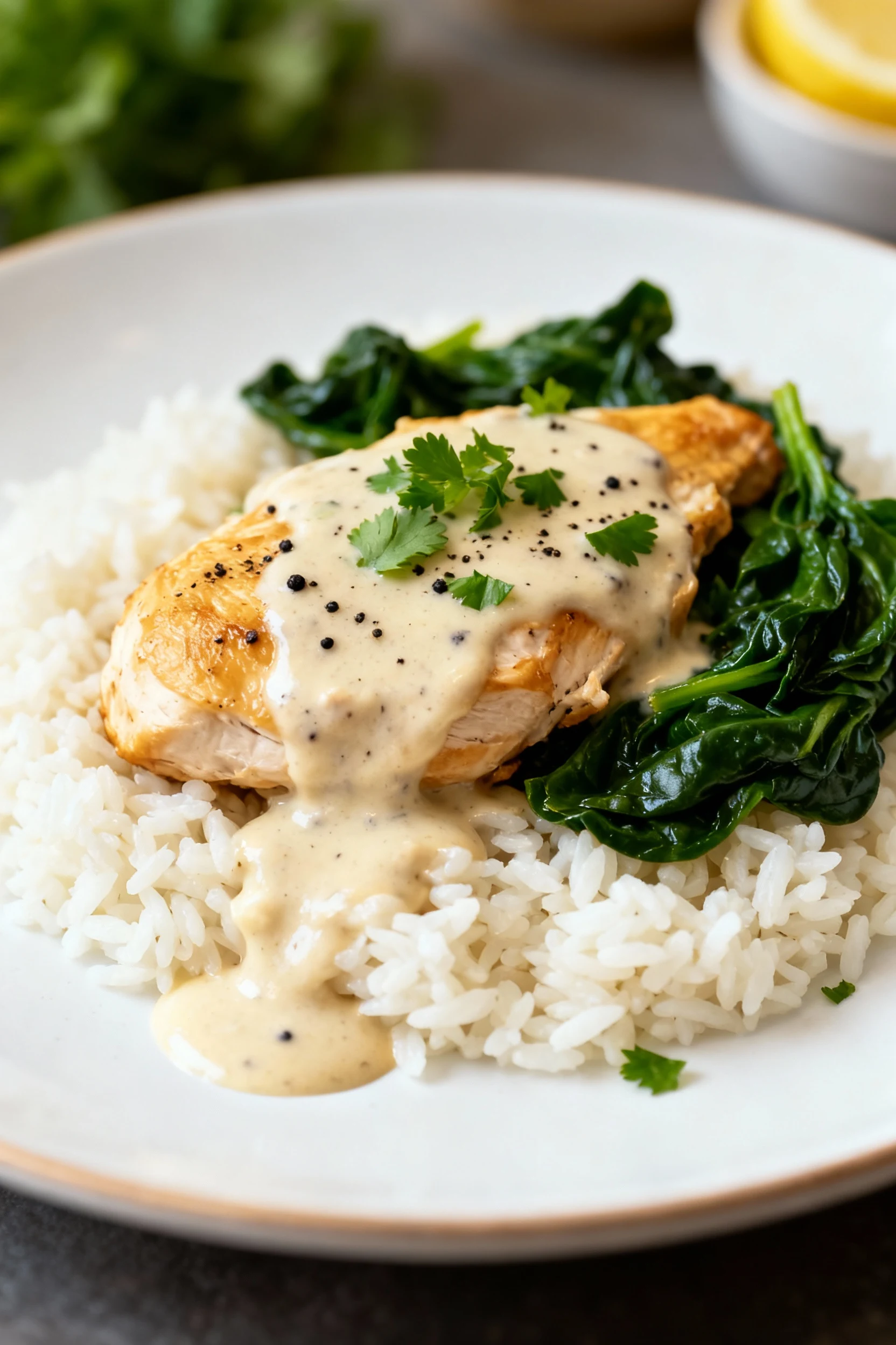 Beautifully plated Creamy Coconut Lemon Chicken over fluffy steamed rice, sauce pooling luxuriously, just-wilted spinach