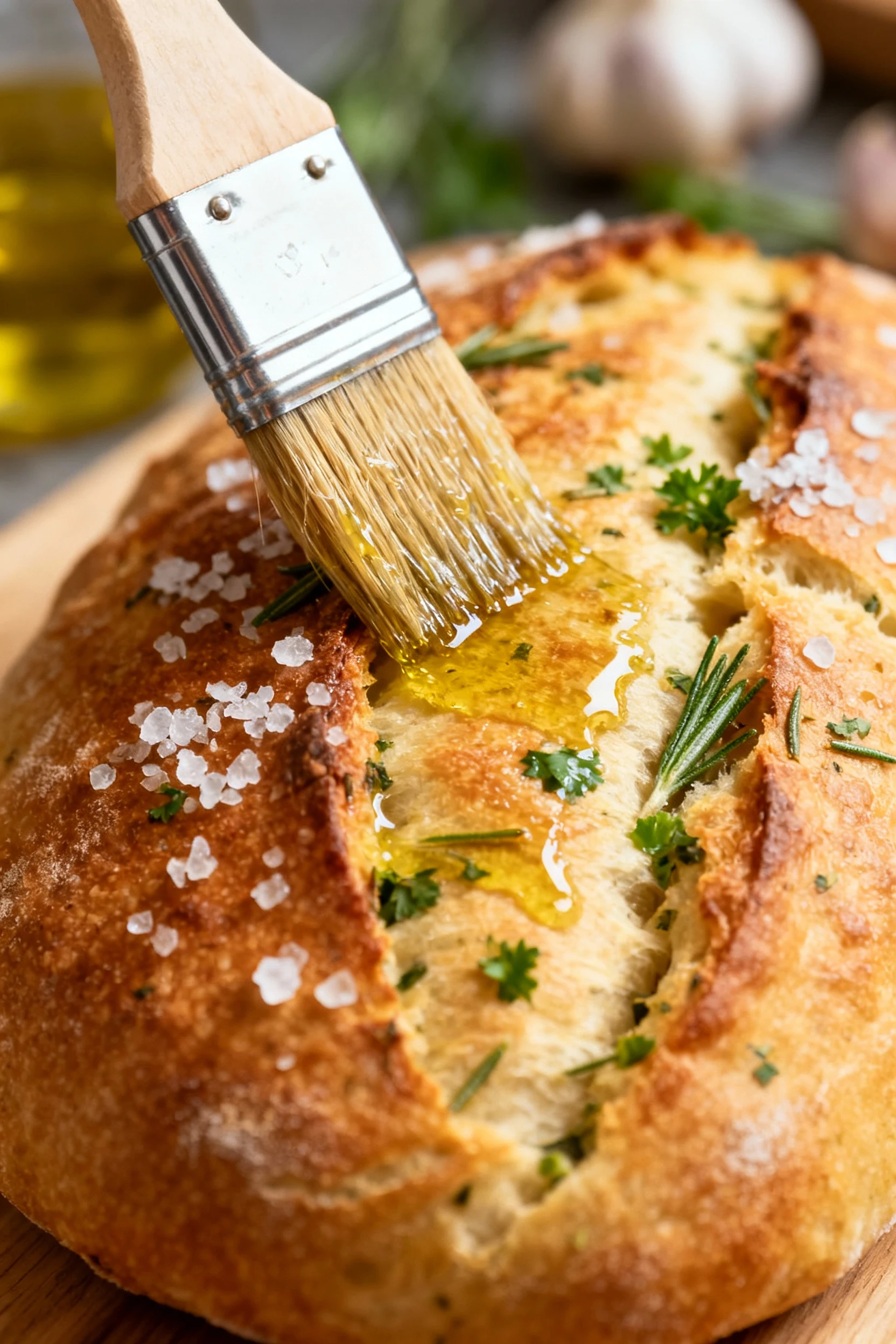 Process image of a fully baked garlic herb loaf being brushed with olive oil, flaky sea salt catching light on the crust