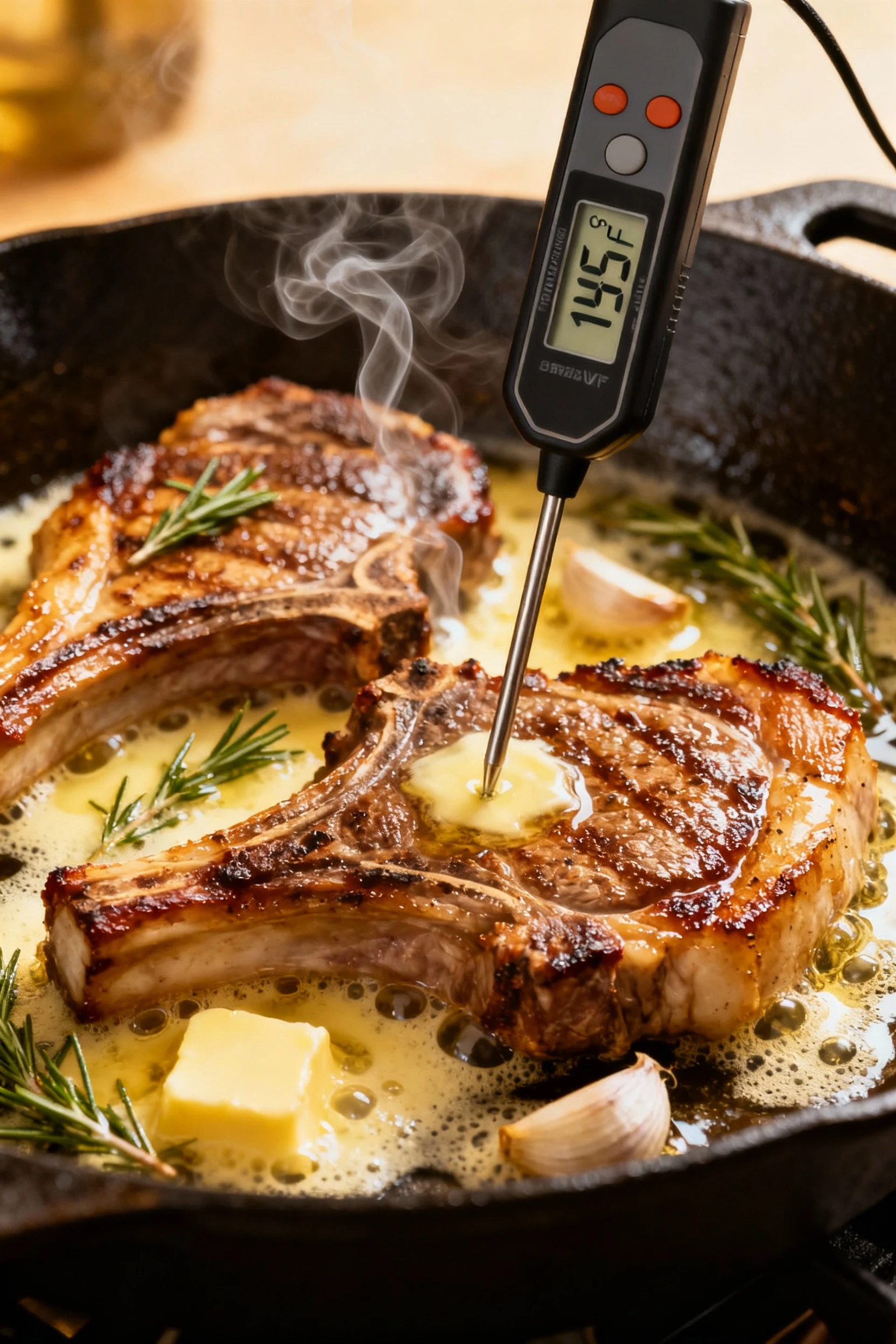 Cooking process: cast-iron skillet just out of 400°F oven, chops seared then finished, bubbling butter with thyme and ga