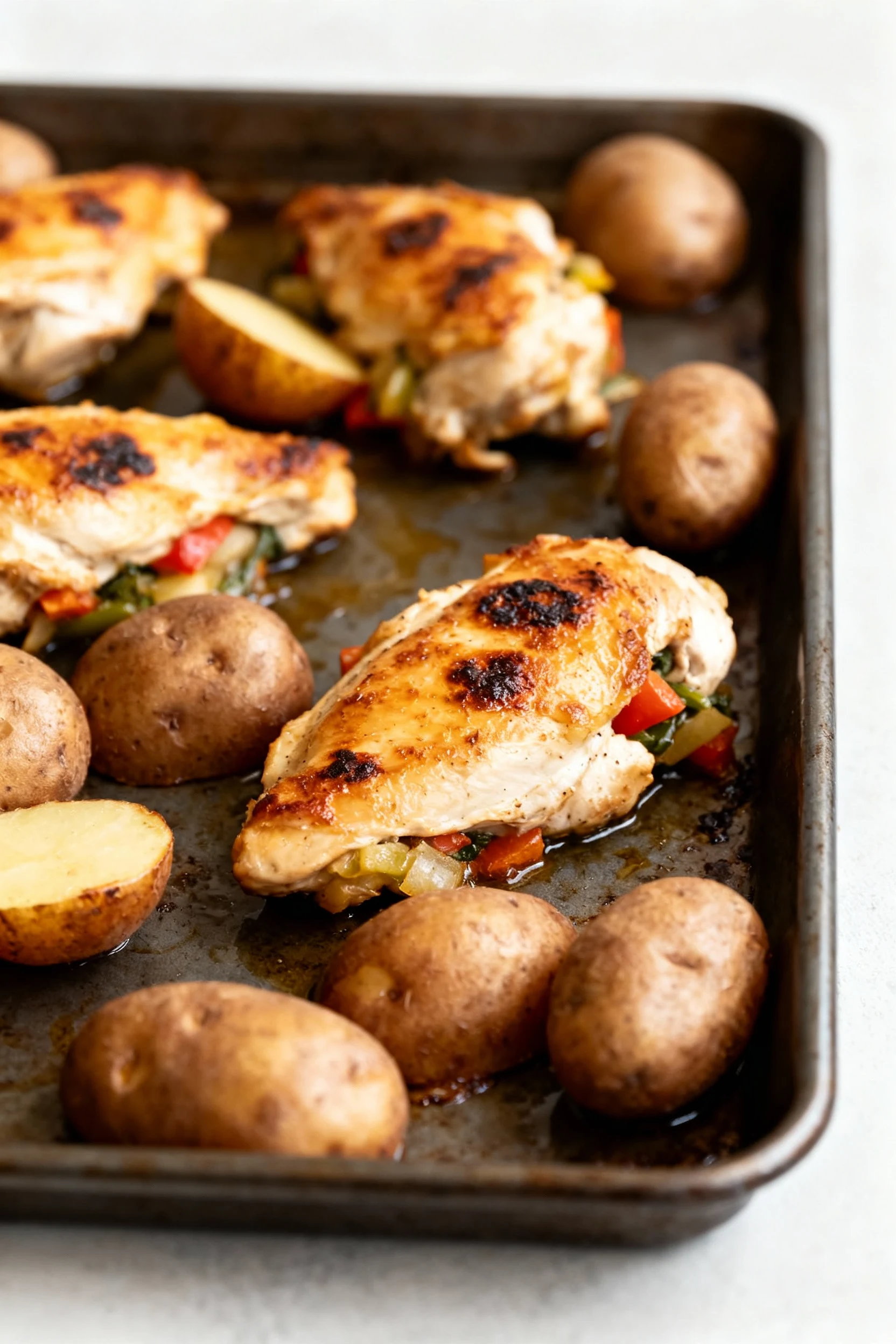 Cooking process, mid-roast: hot preheated rimmed sheet pan at 425°F showing potatoes already browned and chicken with ve
