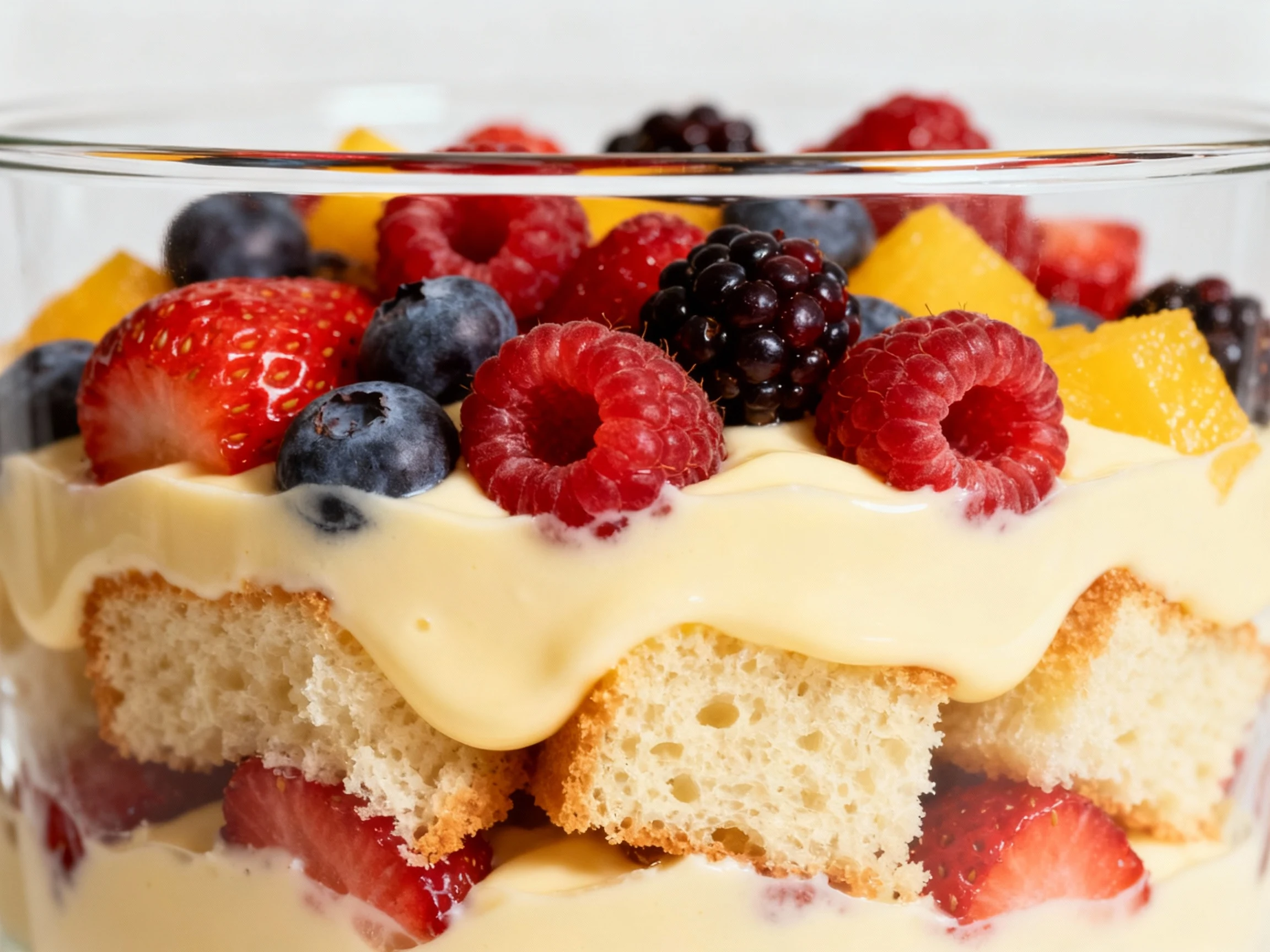 Food photography, Close-up detail of a trifle layer showcasing juicy mixed berries pressed against silky vanilla custard