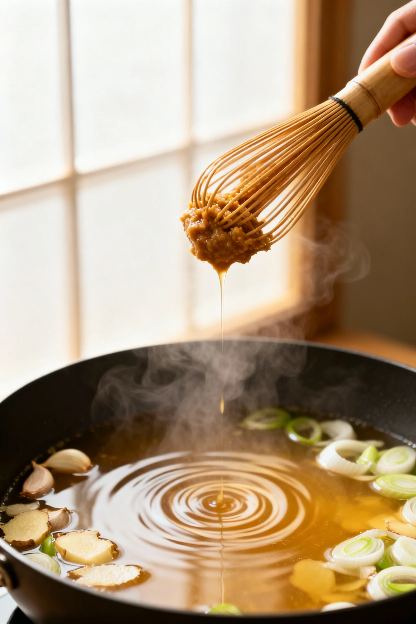 Miso being whisked off heat into steaming broth already infused with sautéed garlic, ginger, and scallion whites; silky 