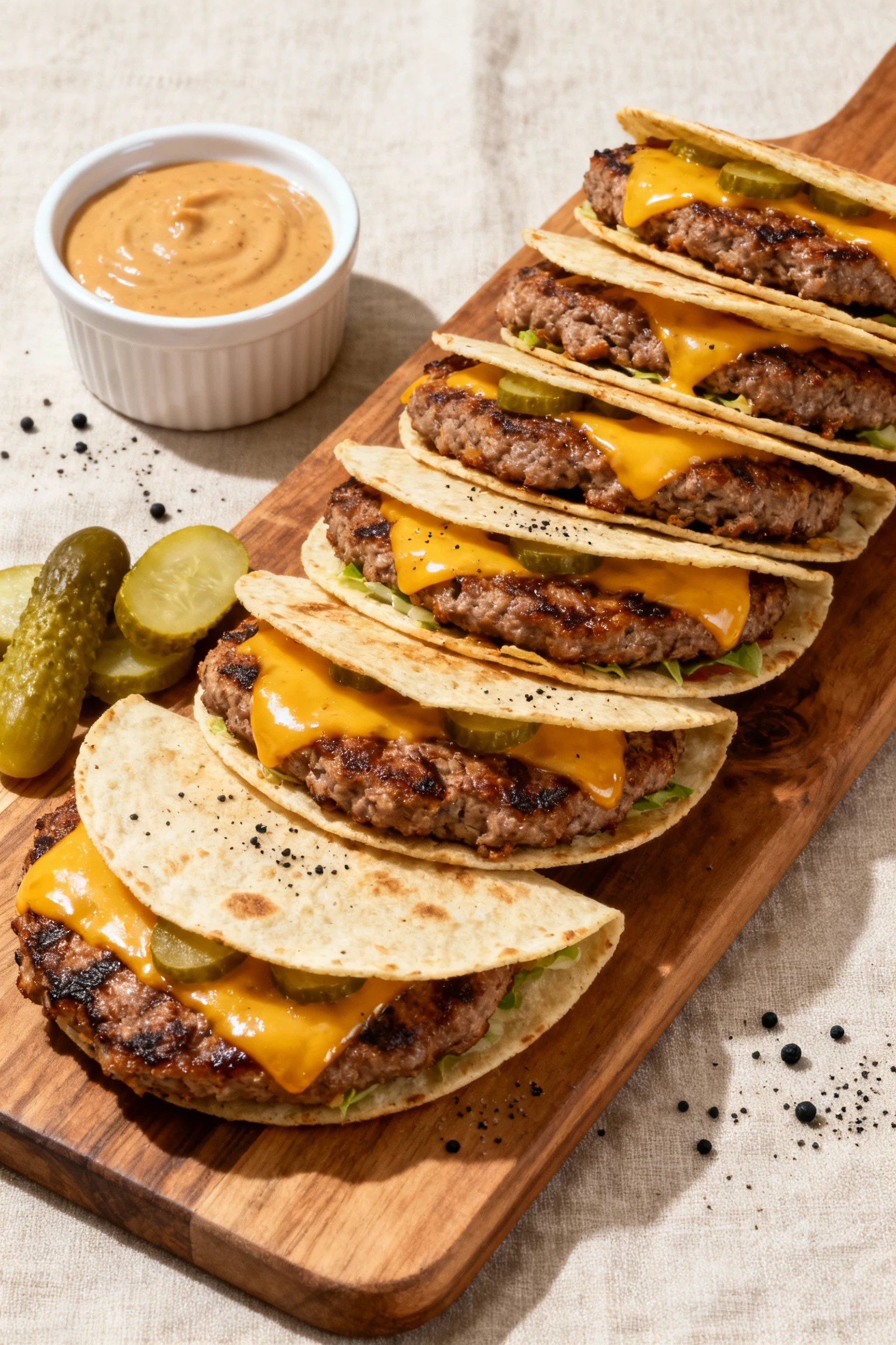 Final plated hero: six smash burger tacos stacked on a wooden board with ramekin of smash sauce, extra pickles, sprinkle