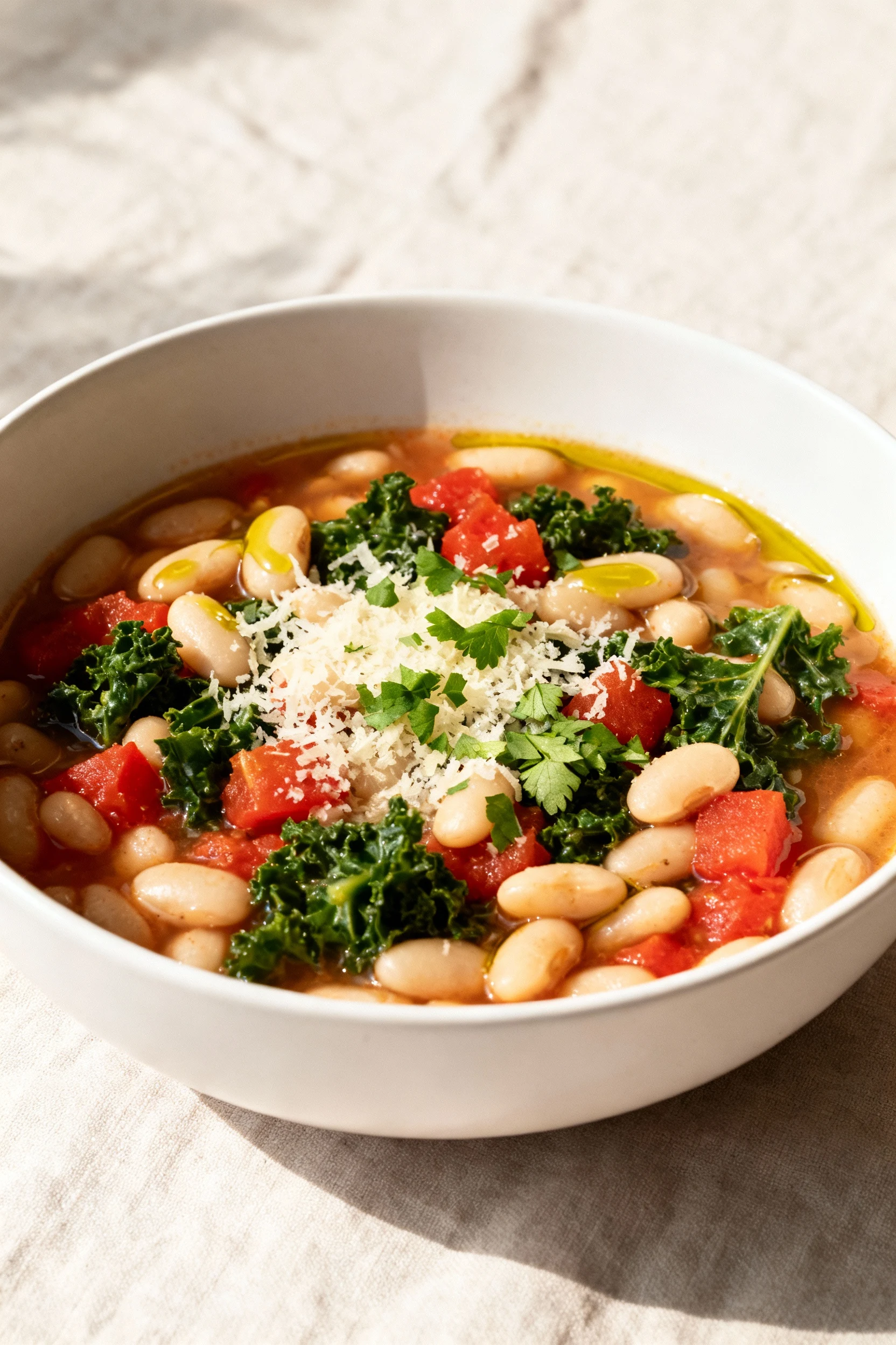 Overhead final bowl—Mediterranean White Bean & Kale soup: cannellini beans, diced tomatoes, emerald kale; finished with 