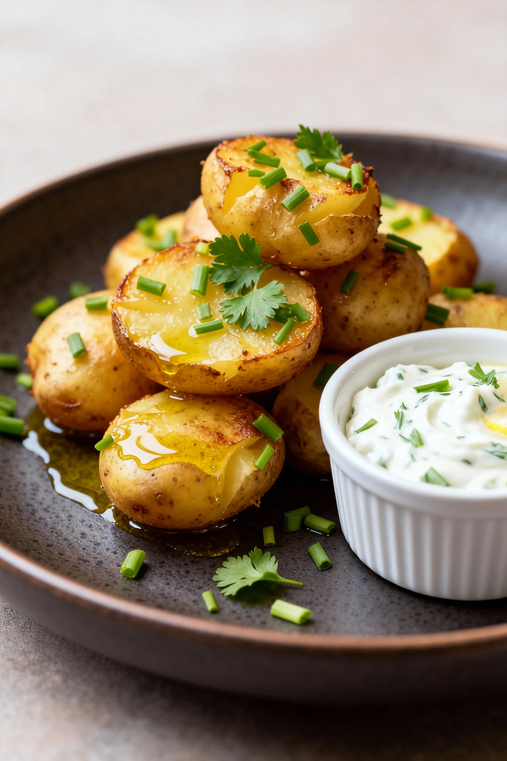 Beautifully plated smash-roast potatoes stacked on a matte dark ceramic plate, showered with chopped chives and parsley,