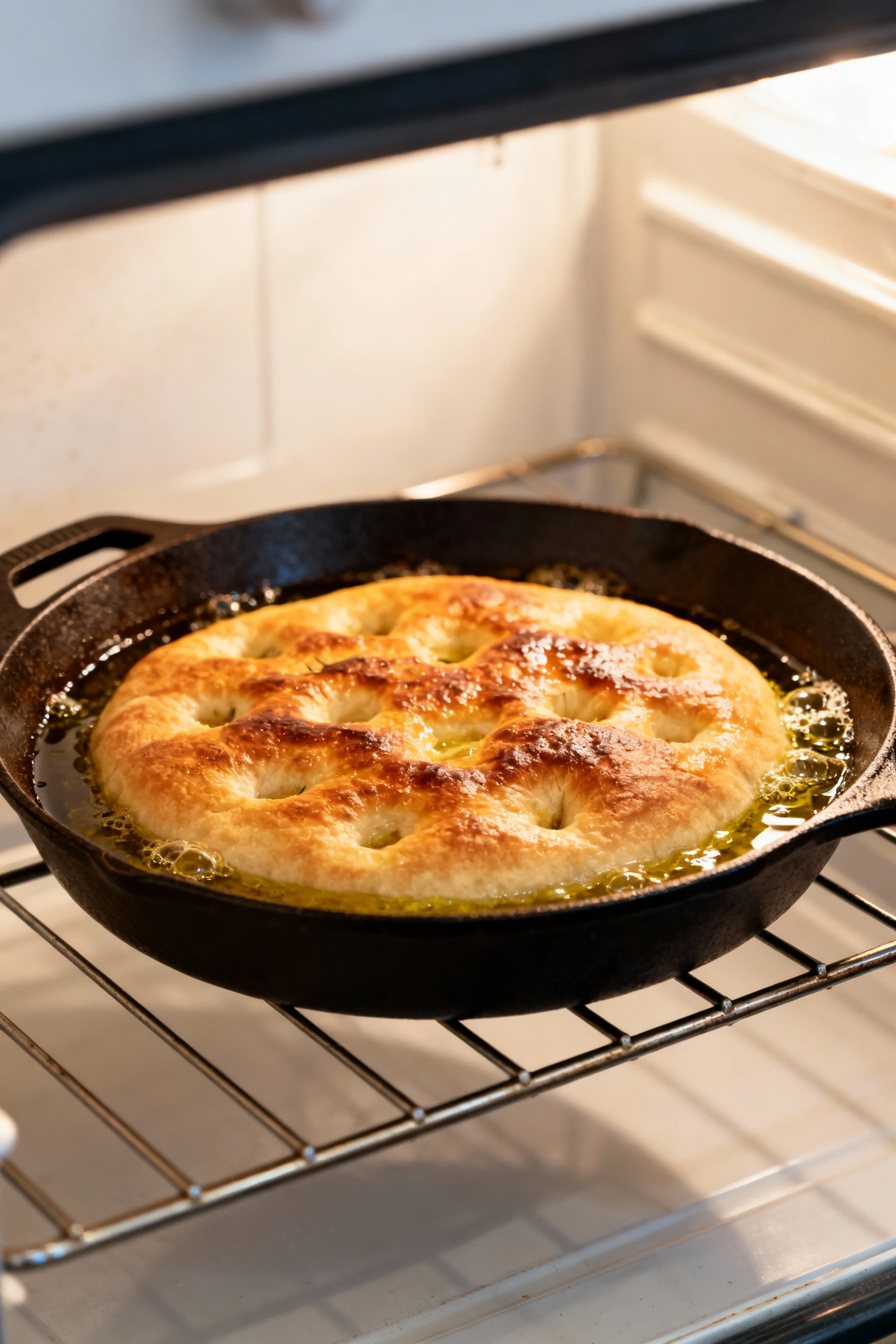 3. Cooking process: focaccia baking in a 10–12-inch cast-iron skillet on the lower-middle oven rack, edges sizzling in o