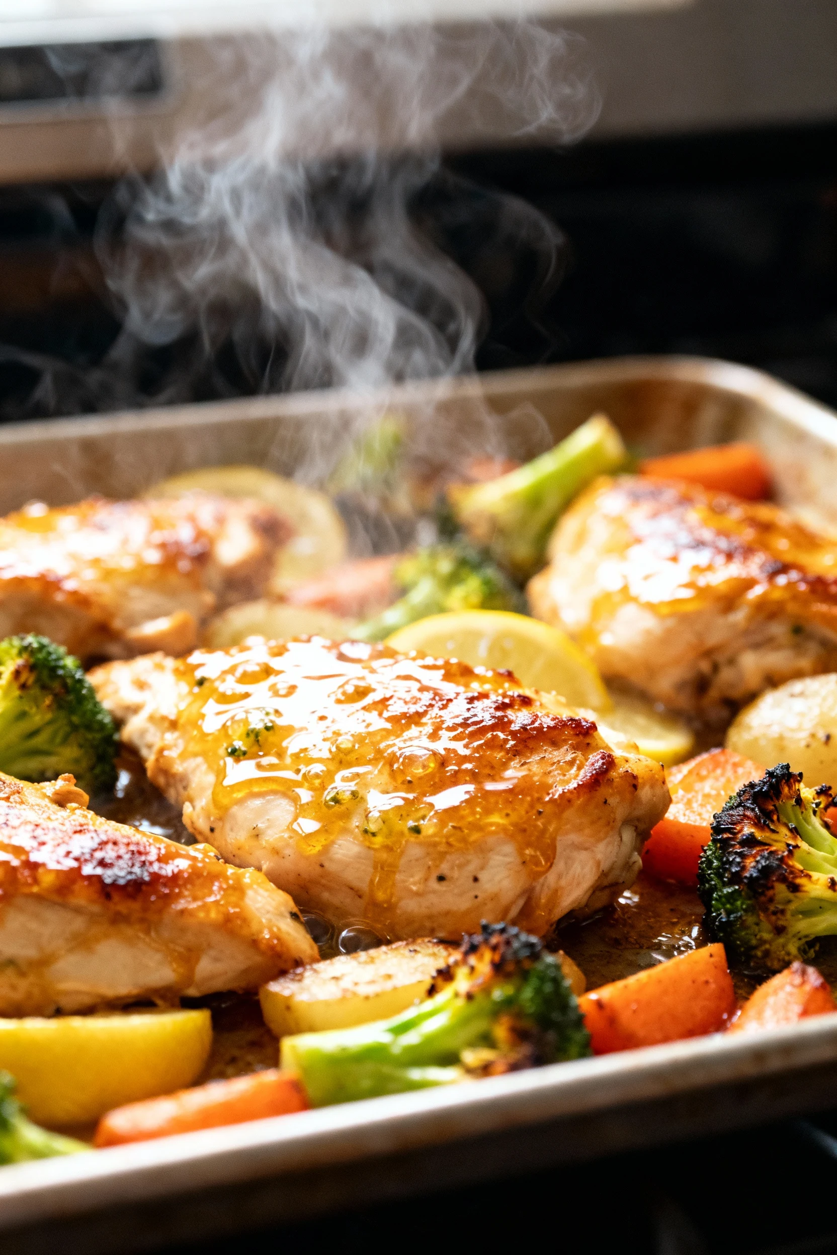 Cooking process shot: the hot sheet pan fresh from a 425°F oven, chicken and veggies sizzling as the lemon-garlic-honey 
