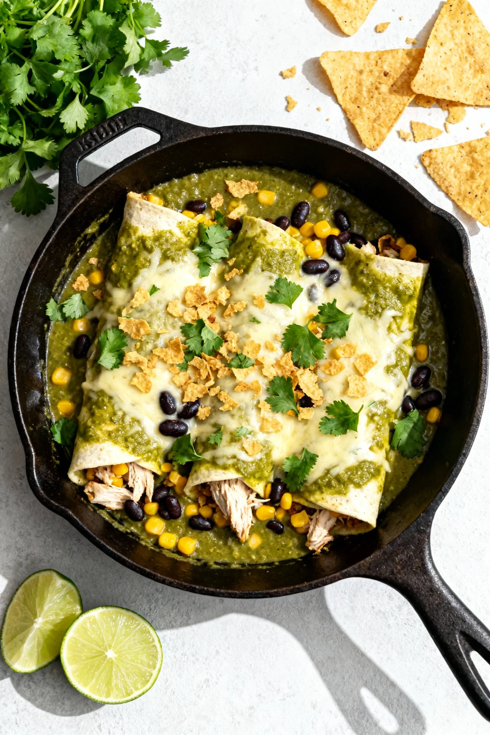 Tasty top view: Skillet salsa verde enchiladas—melted Monterey Jack over chicken, black beans and corn, cilantro and cru