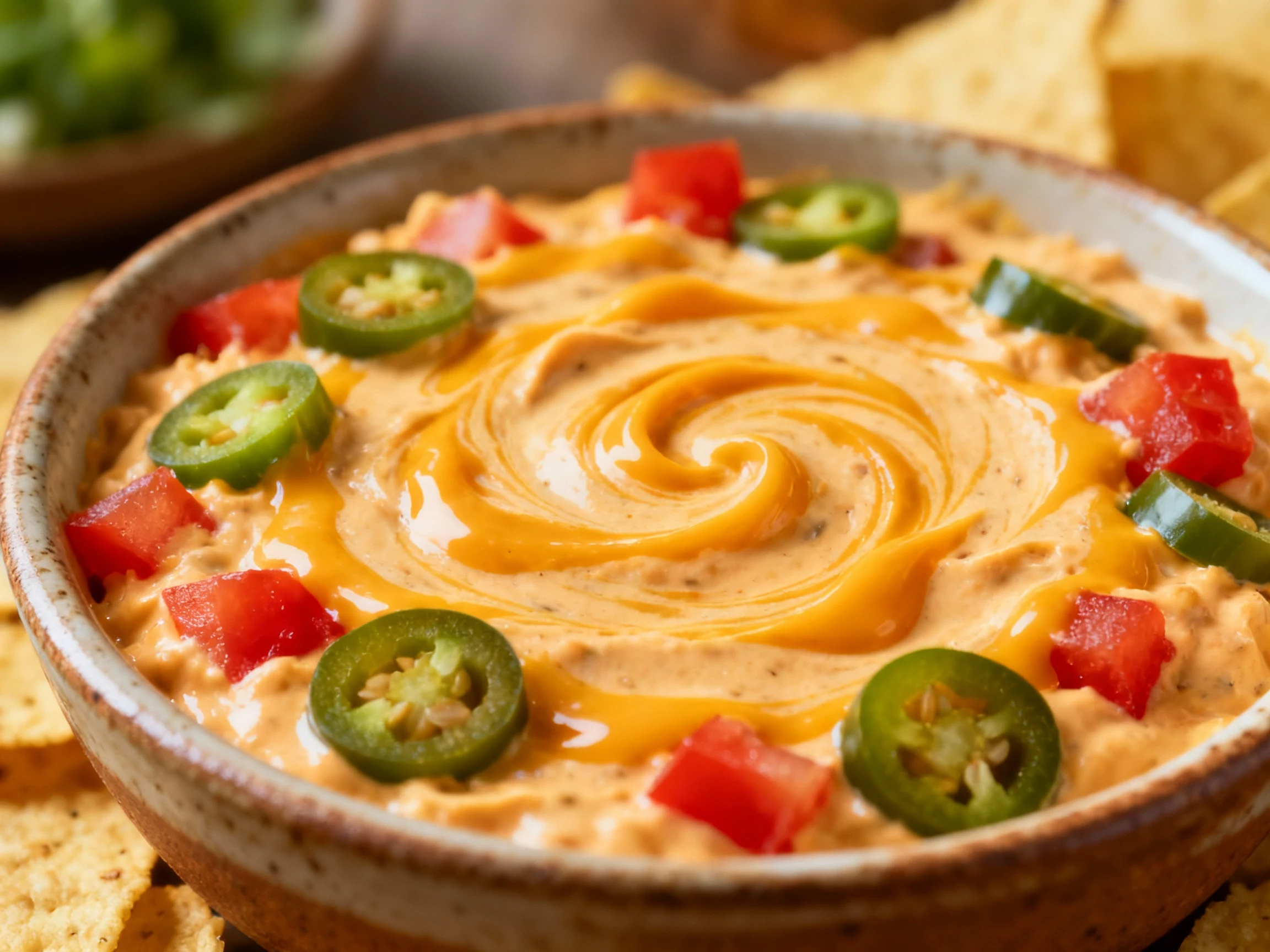 Food photography, Close-up of creamy chip dip with melted cheddar swirls, diced jalapeños, and bright red tomato pieces 