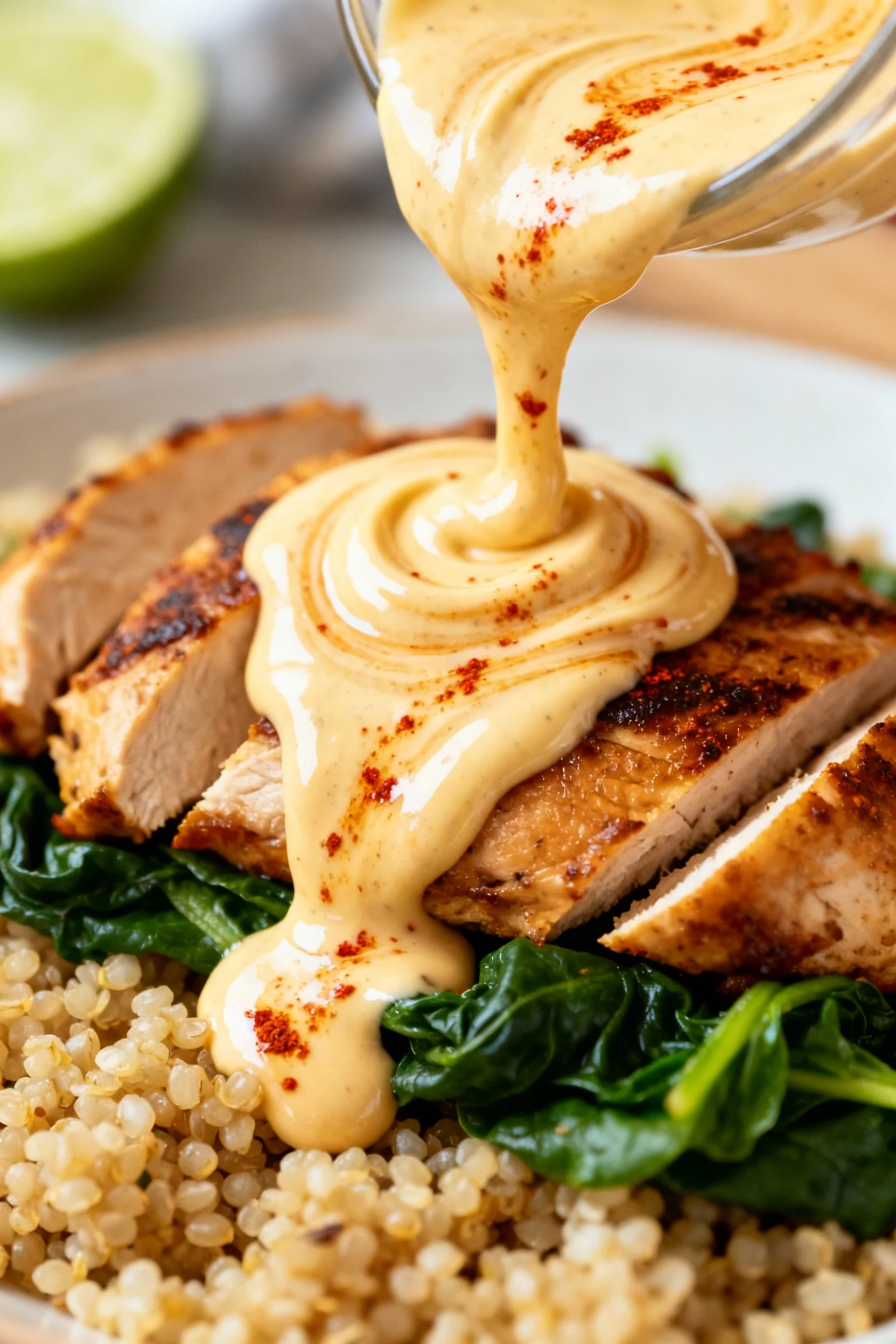 Macro detail of creamy chipotle-lime Greek yogurt sauce mid-drizzle over sliced seared chicken, glossy swirls with papri
