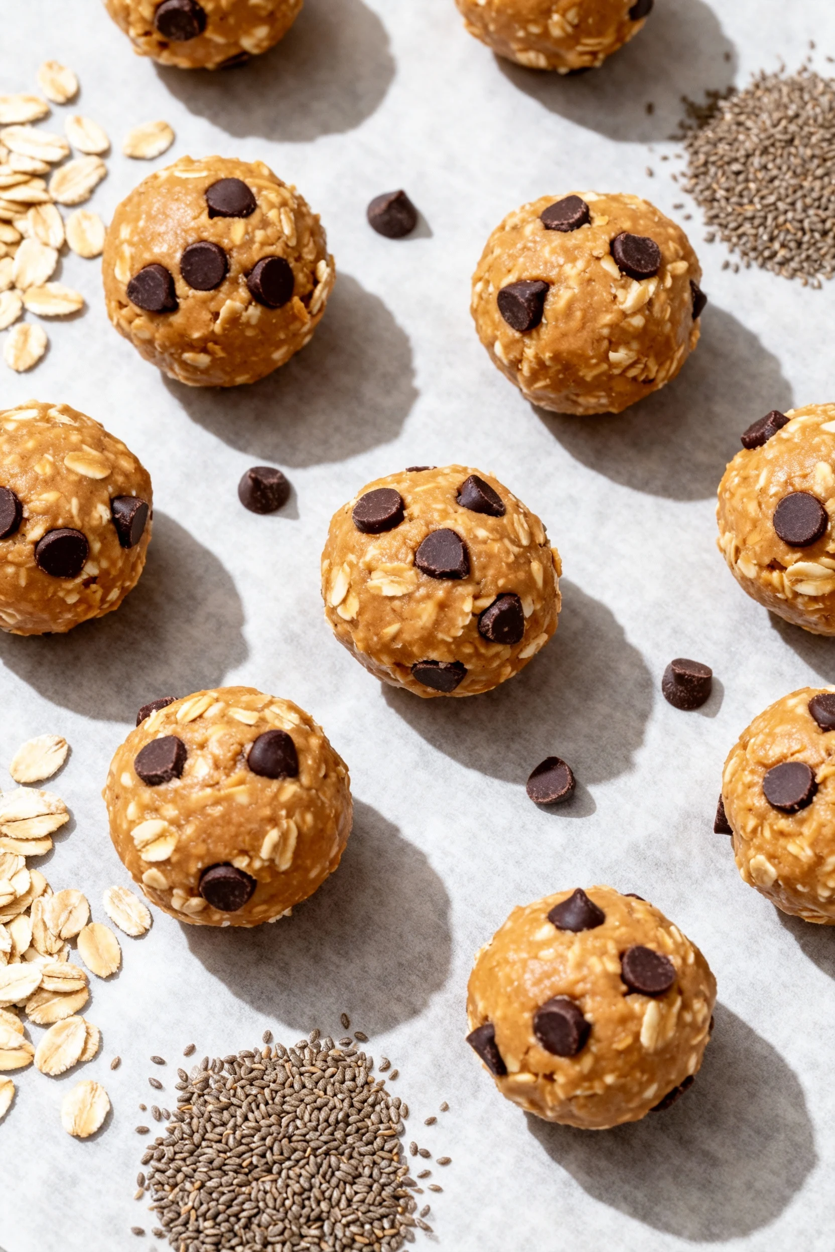3. Overhead shot of freshly rolled peanut butter oat energy bites on parchment, oats, ground flax and mini dark chocolat