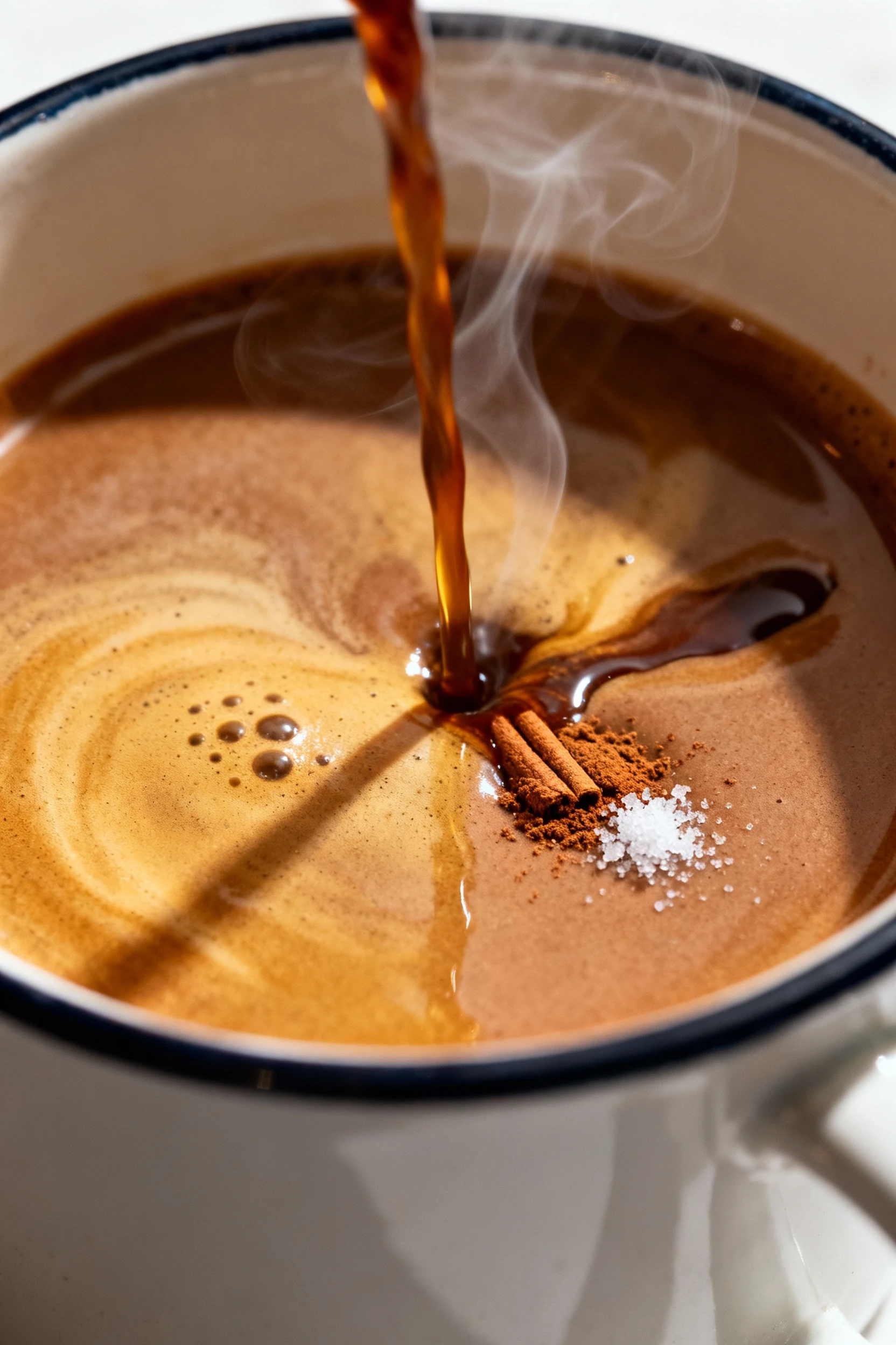 Cooking process: spiced mocha in progress—glossy cocoa-sugar paste in a mug as a stream of hot espresso merges, faint st