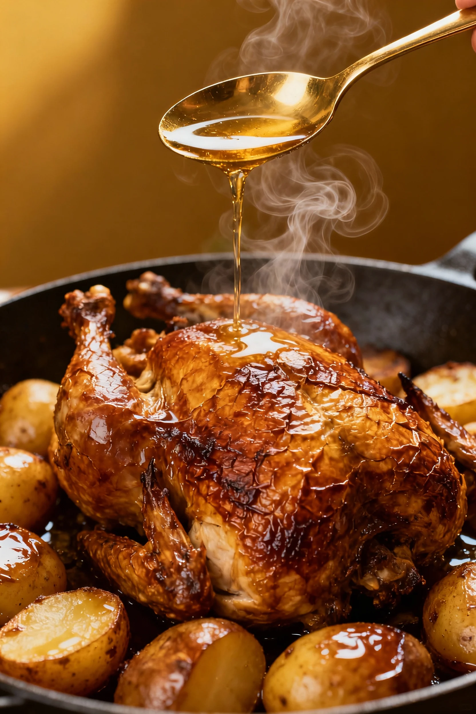 Basting moment: spoon pouring pan juices over deeply browned chicken, roasted potatoes glossy beneath; steam curling, em