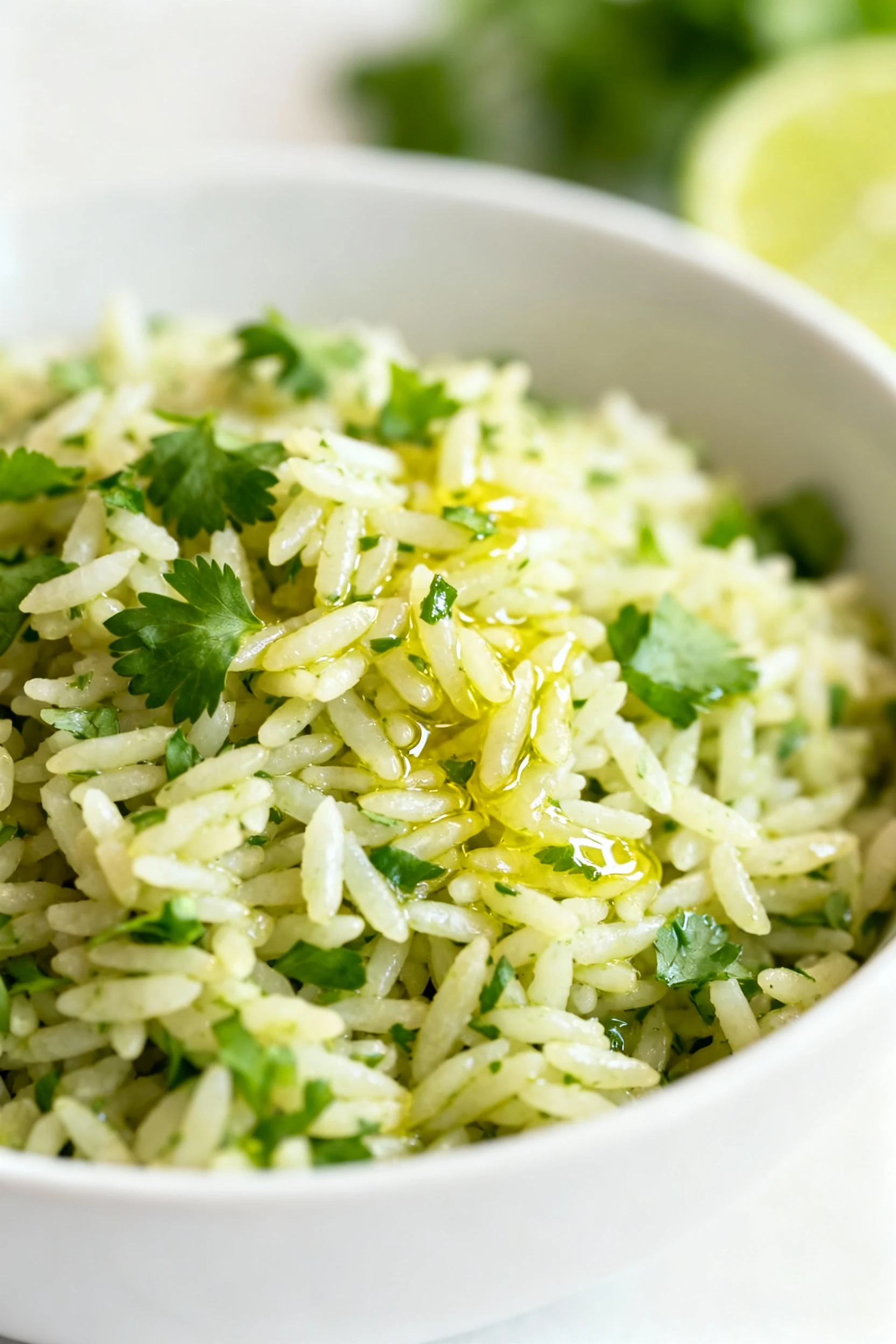 Macro close-up of fluffy cilantro-lime rice—separated grains with glistening lime oil and flecks of cilantro, shallow de