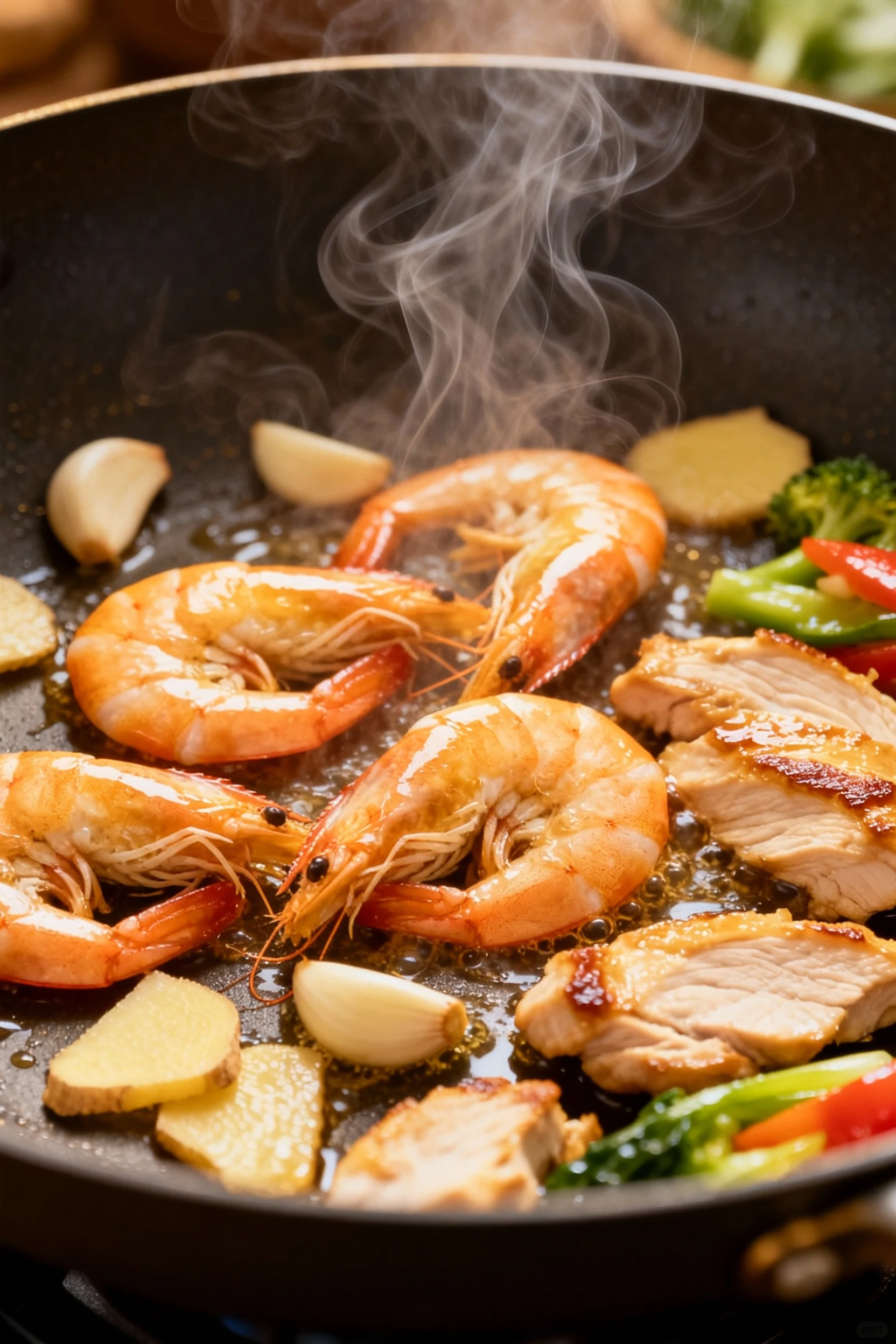 Cooking process shot of tender shrimp and sliced chicken searing in a wok with sizzling garlic and ginger, steam rising 