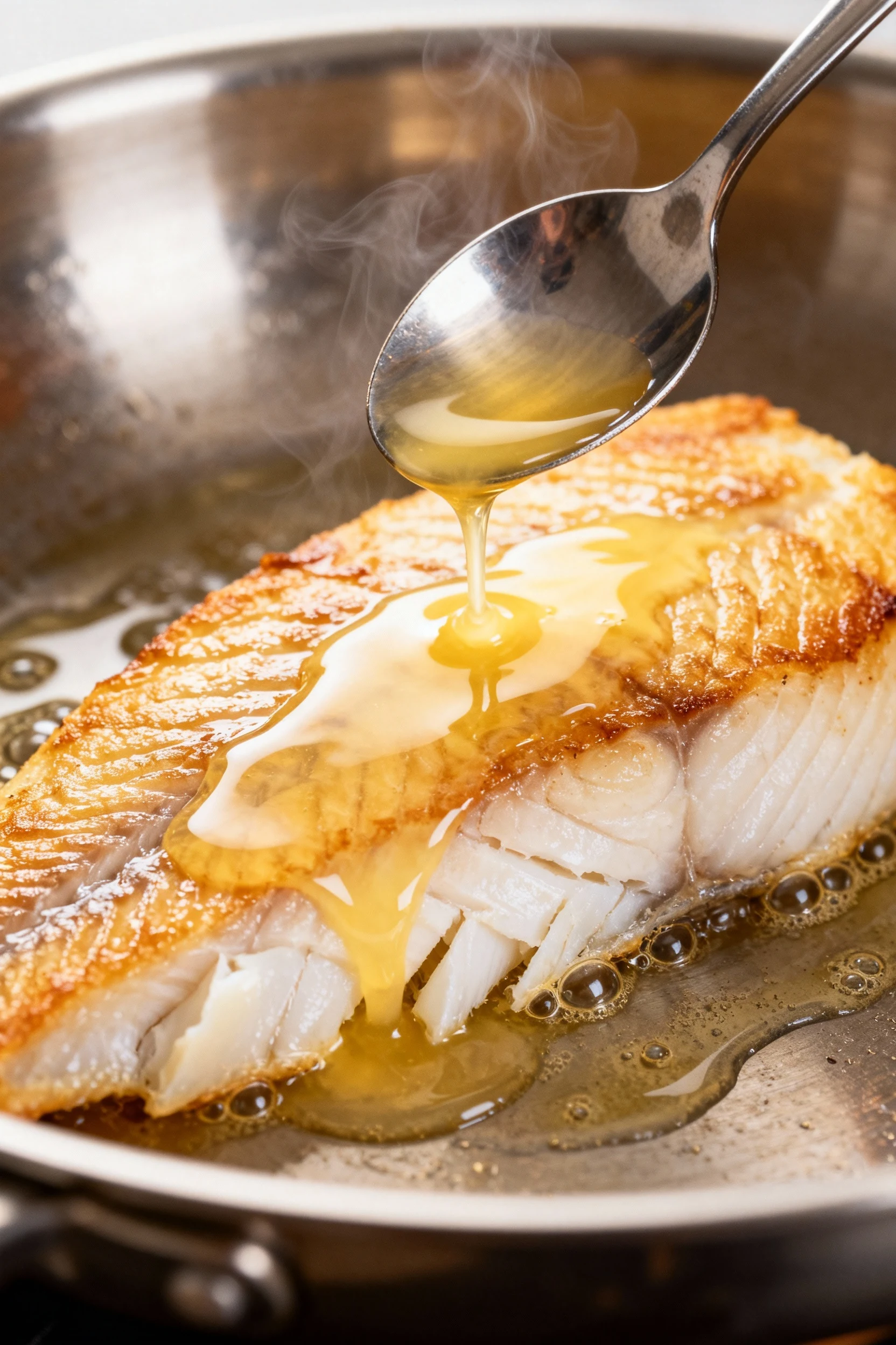 Cooking process shot of cod fillet in the pan as butter is spooned over the surface, showing rich glaze and gentle sizzl