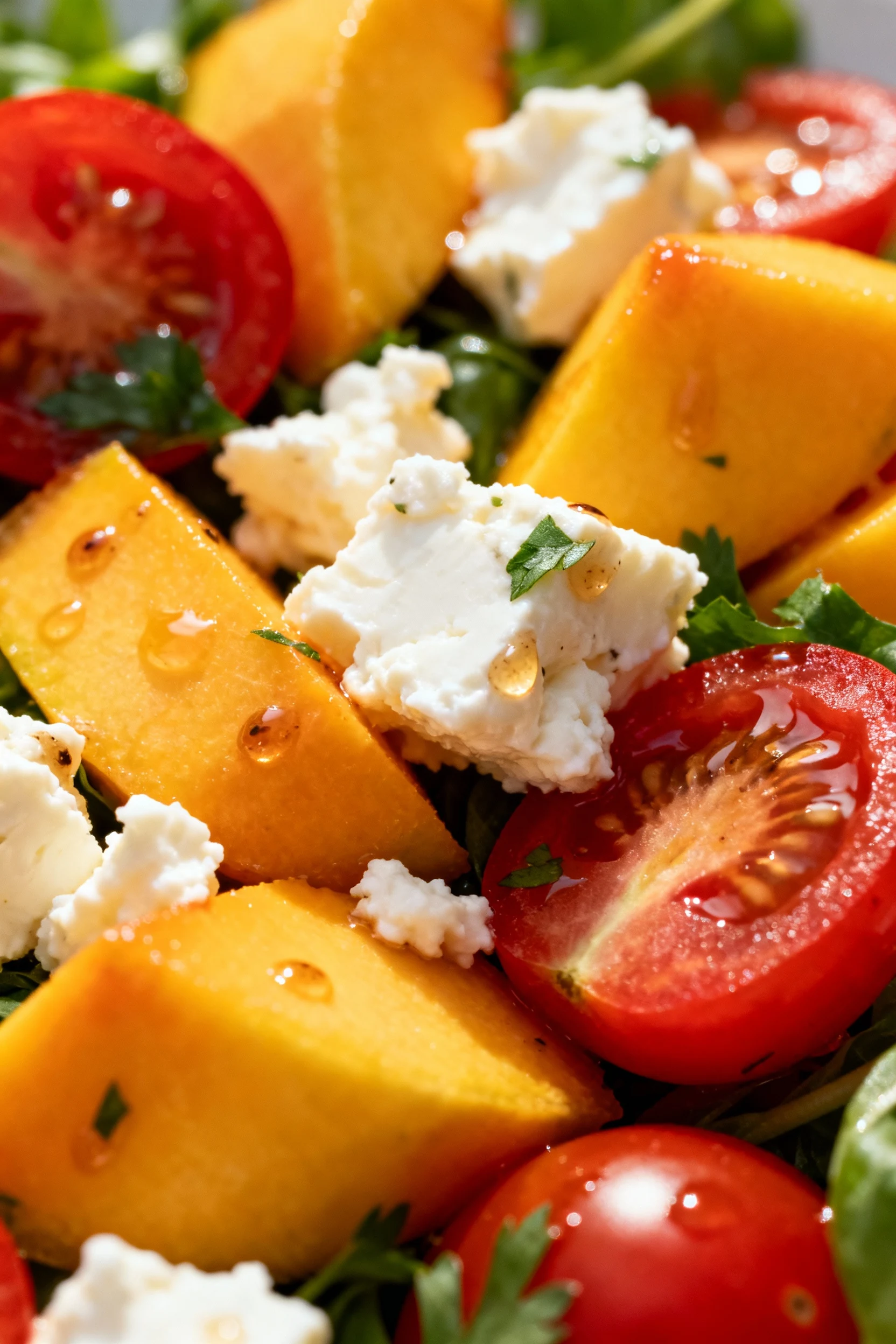 Macro detail of creamy feta crumbles nestled among juicy mango pieces and bright red cherry tomato halves, dressing drop