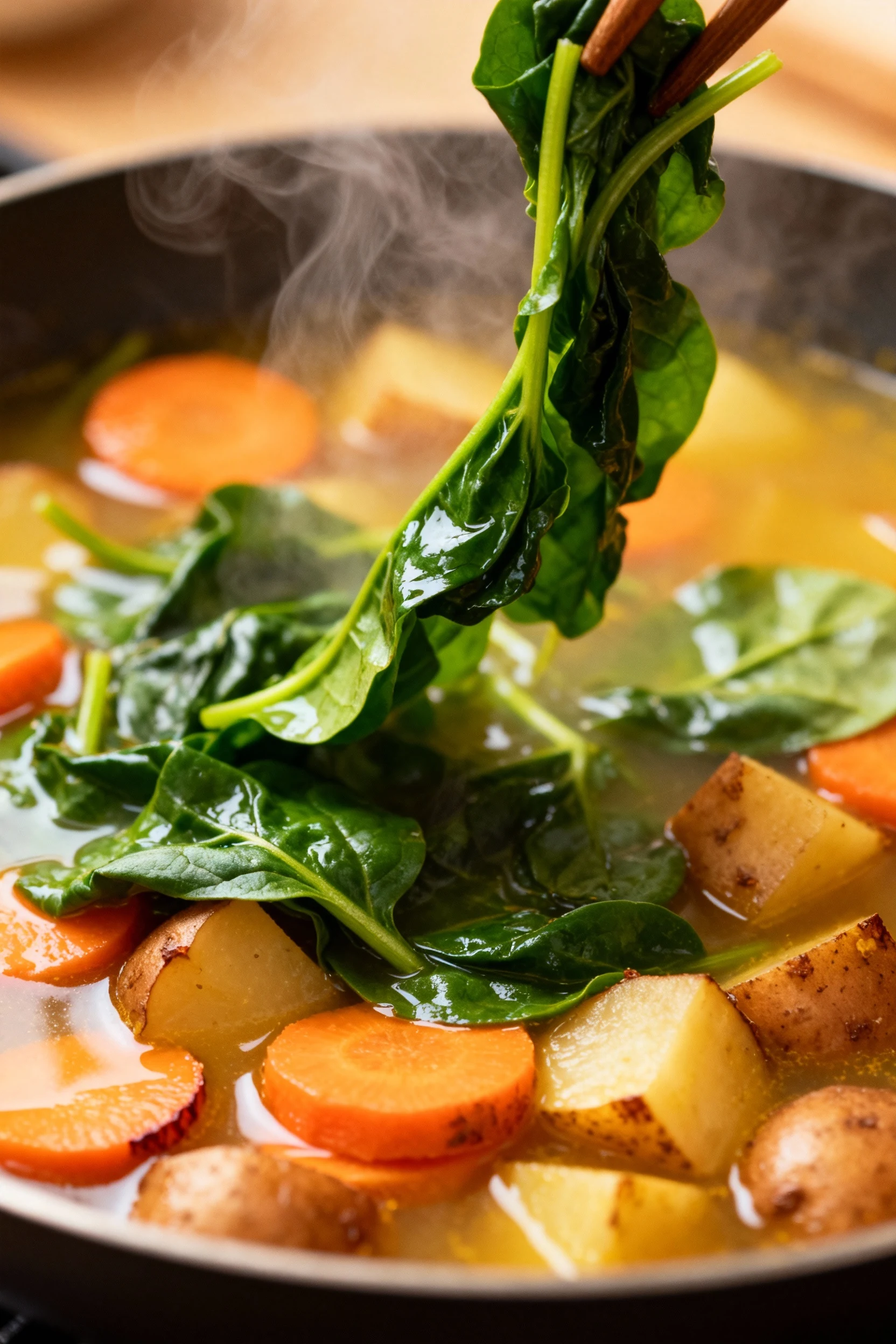 Mid-cooking scene showing wilted spinach being stirred gently into colorful, fully cooked soup, bright green leaves cont