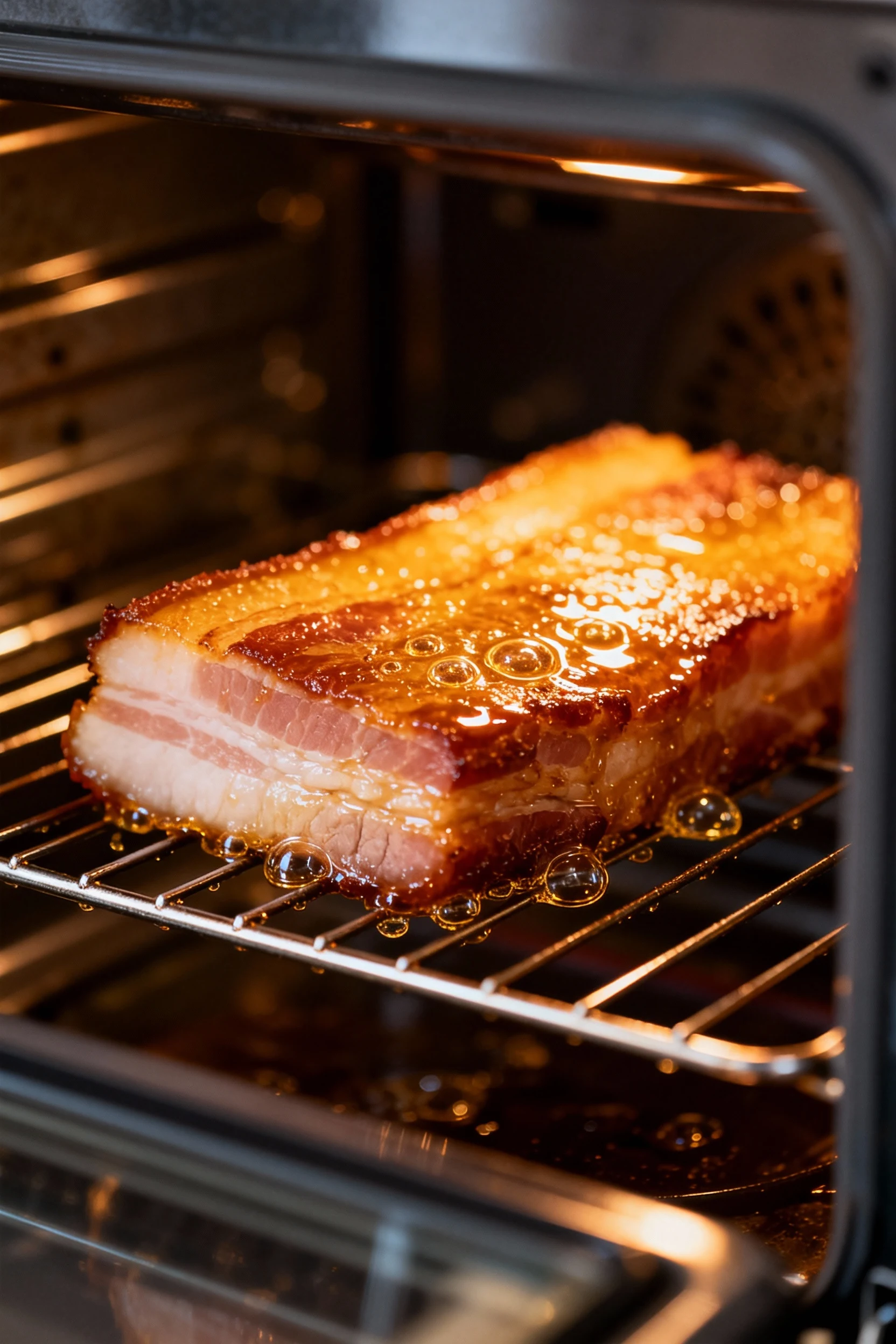 Crispy pork belly resting on a wire rack inside an oven during the high-temperature crisping stage, glistening surface w