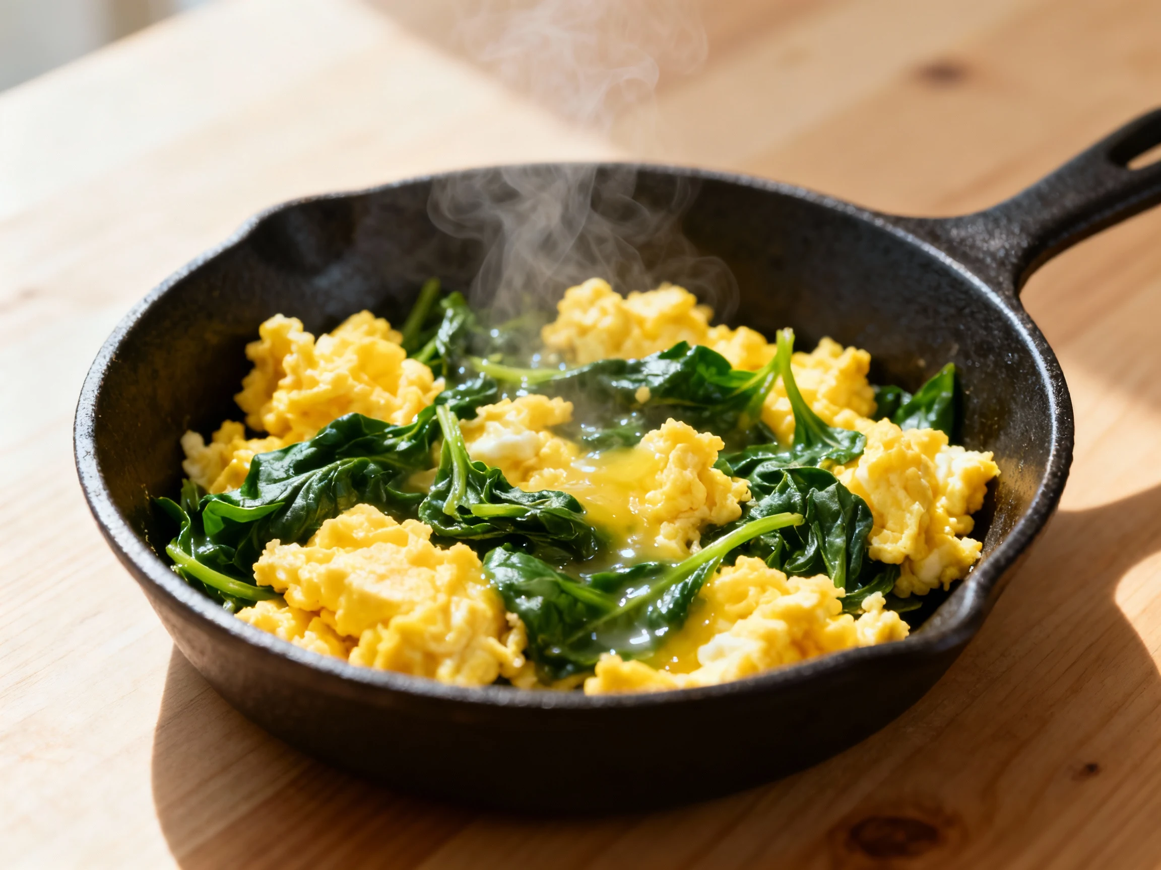 Food photography, Close-up of warm scrambled eggs with wilted spinach melting together, vibrant yellow and green contras