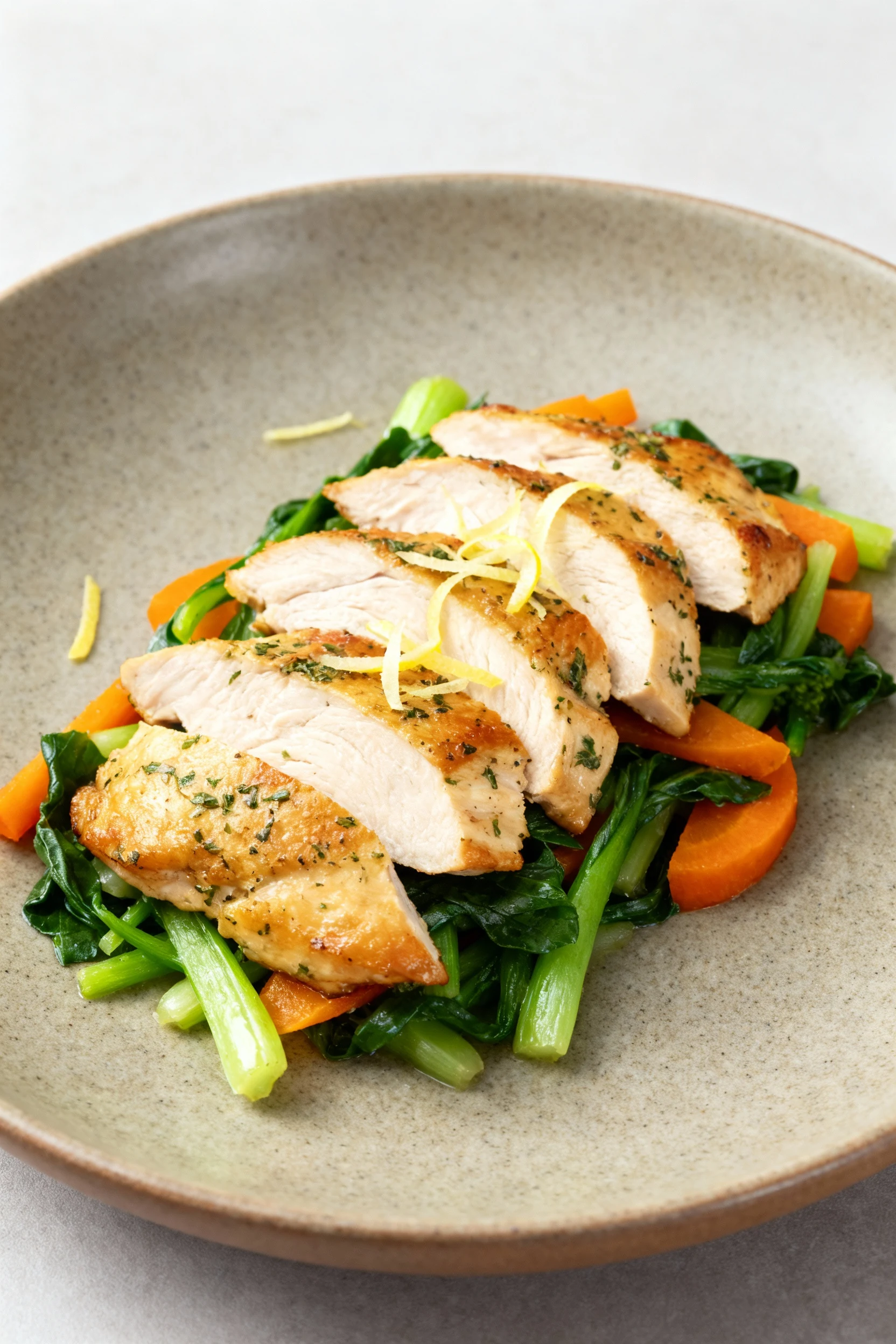 Beautifully plated herb-seasoned free-range chicken breast sliced over a bed of tender sautéed vegetables, light lemon z