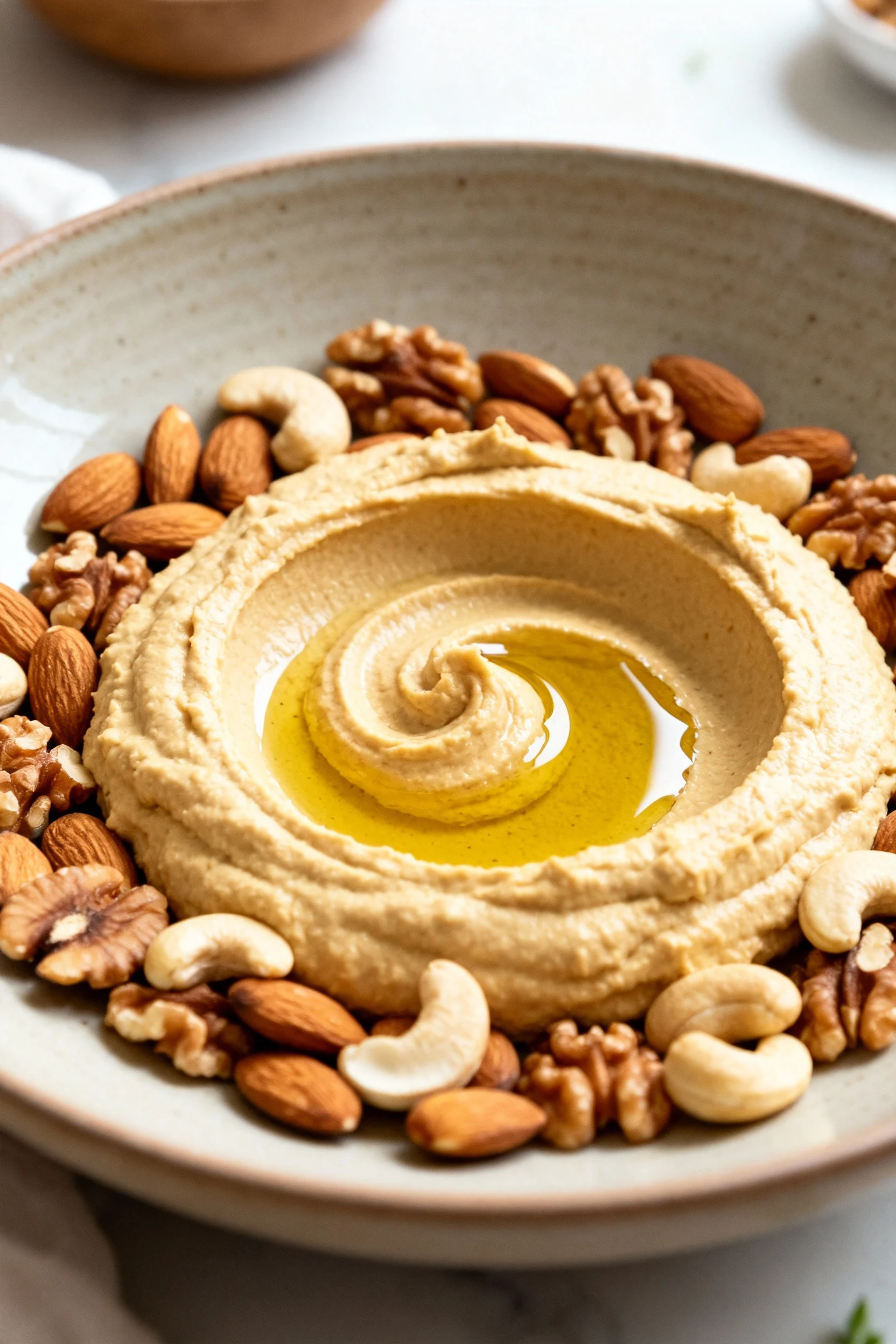 Cooking process shot of hummus being swirled into a smooth, creamy mound on a ceramic plate, surrounded by neatly arrang