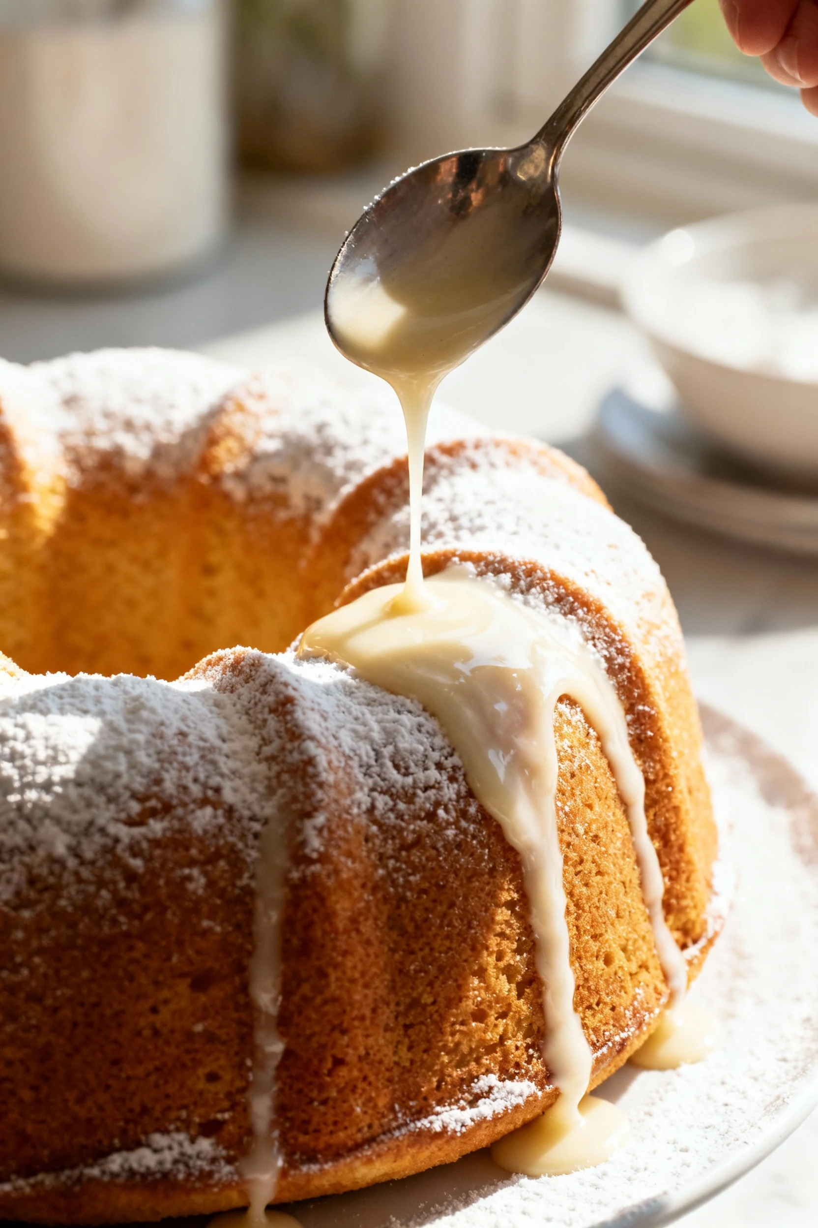 Process shot of warm bundt cake being glazed, thick powdered sugar icing gently drizzling from a spoon onto the sculpted