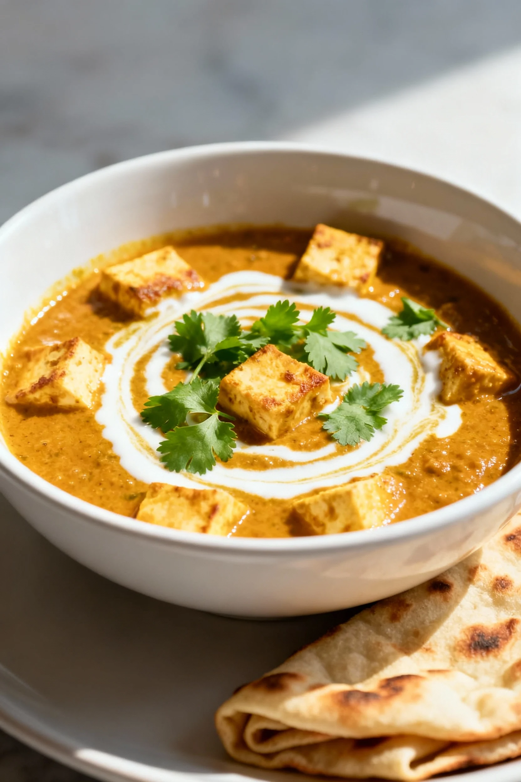 Beautifully plated paneer curry in a shallow white ceramic bowl, creamy coconut milk swirl integrated into sauce, sprink