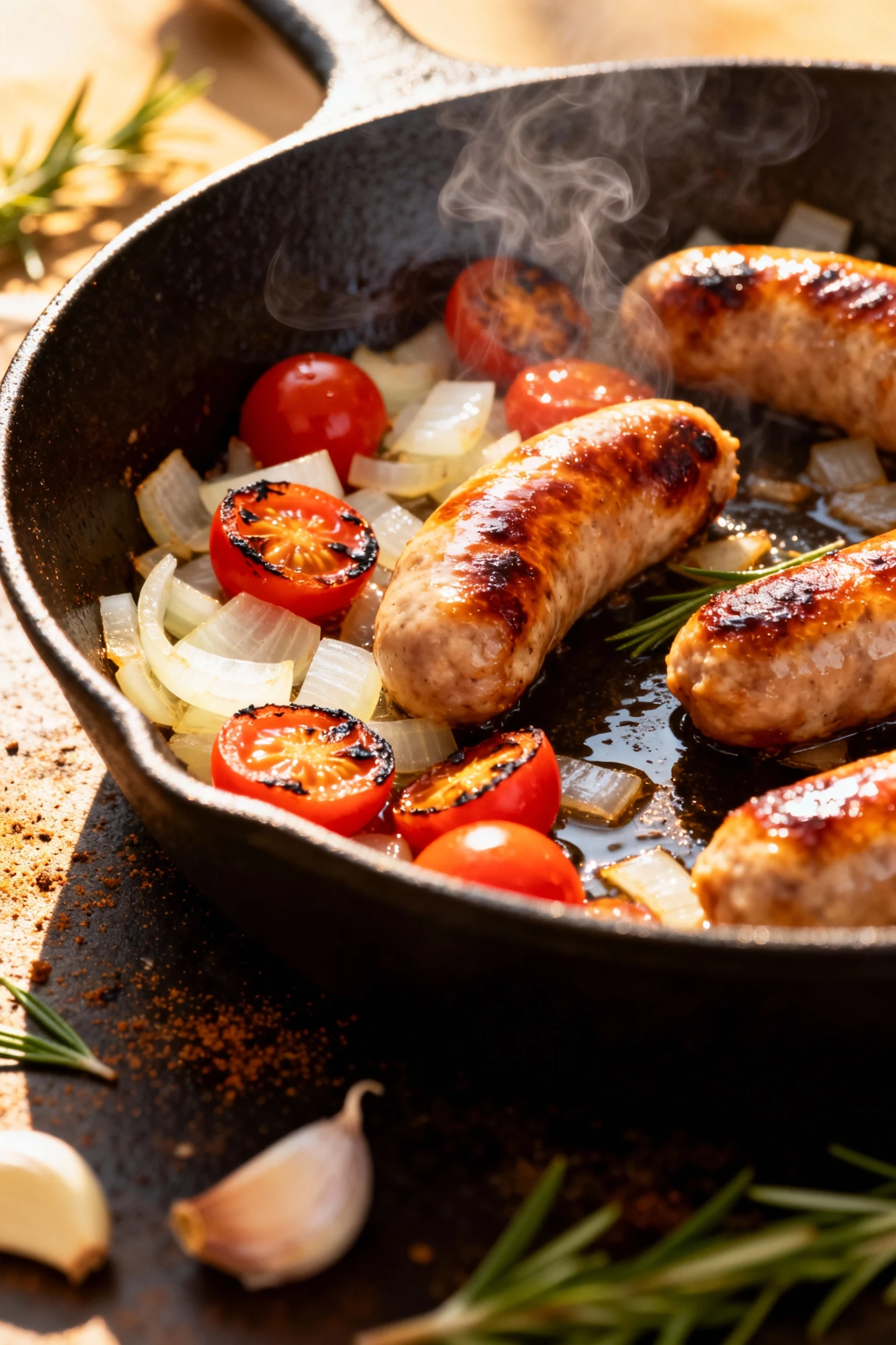 Action shot of chicken sausage and vibrant vegetables sizzling in a cast iron skillet, with diced onion turning transluc