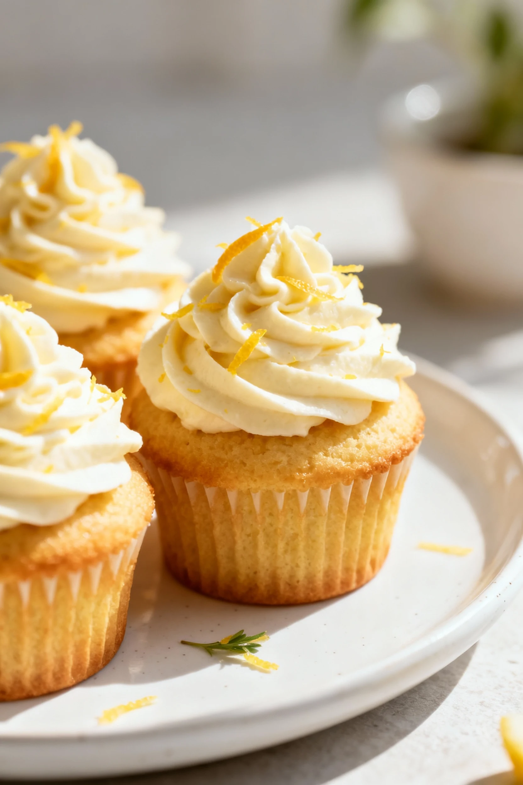 Beautifully plated butter-rich cupcakes with fluffy frosting swirls and a sprinkle of citrus zest, served on a white cer
