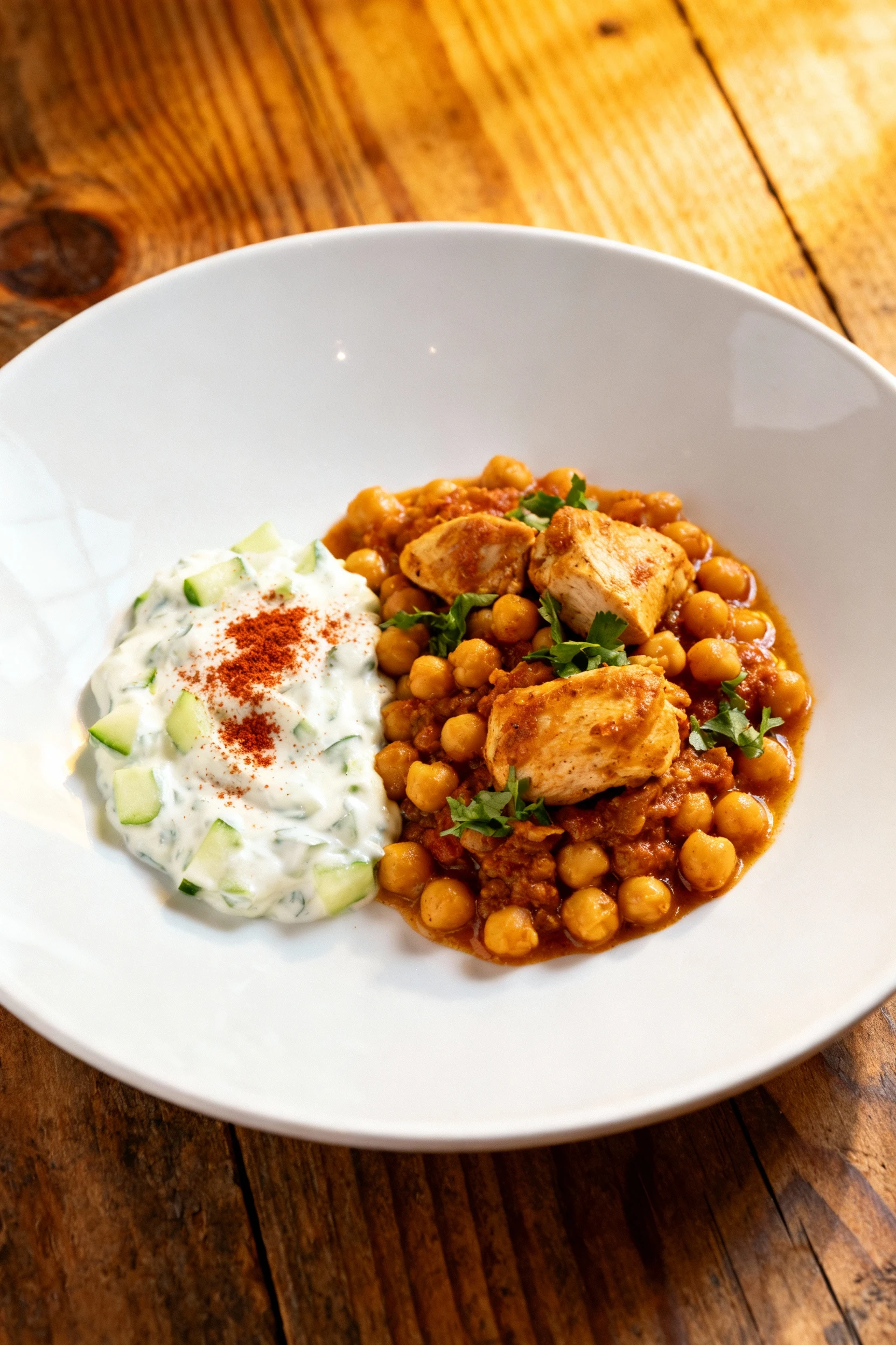Beautifully plated portion of chicken chickpea stew with a side dish of creamy yogurt-cucumber sauce, garnished with pap