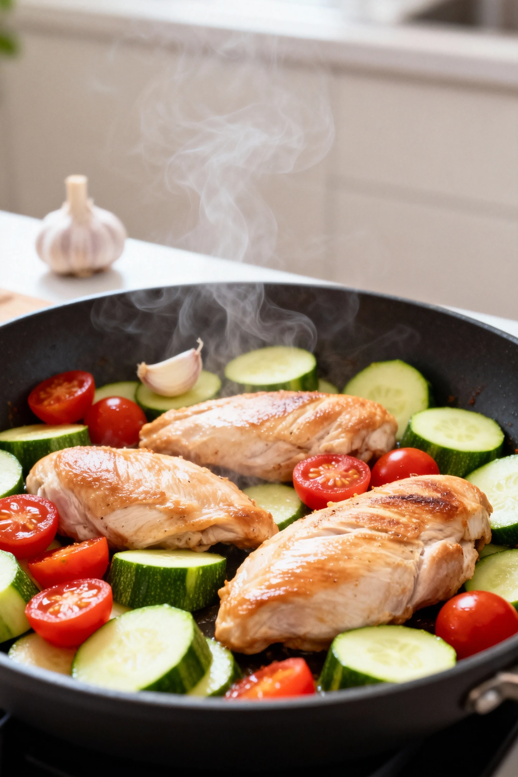 Skillet cooking scene with chicken breasts nestled among tender zucchini slices and softened cherry tomatoes, steam risi