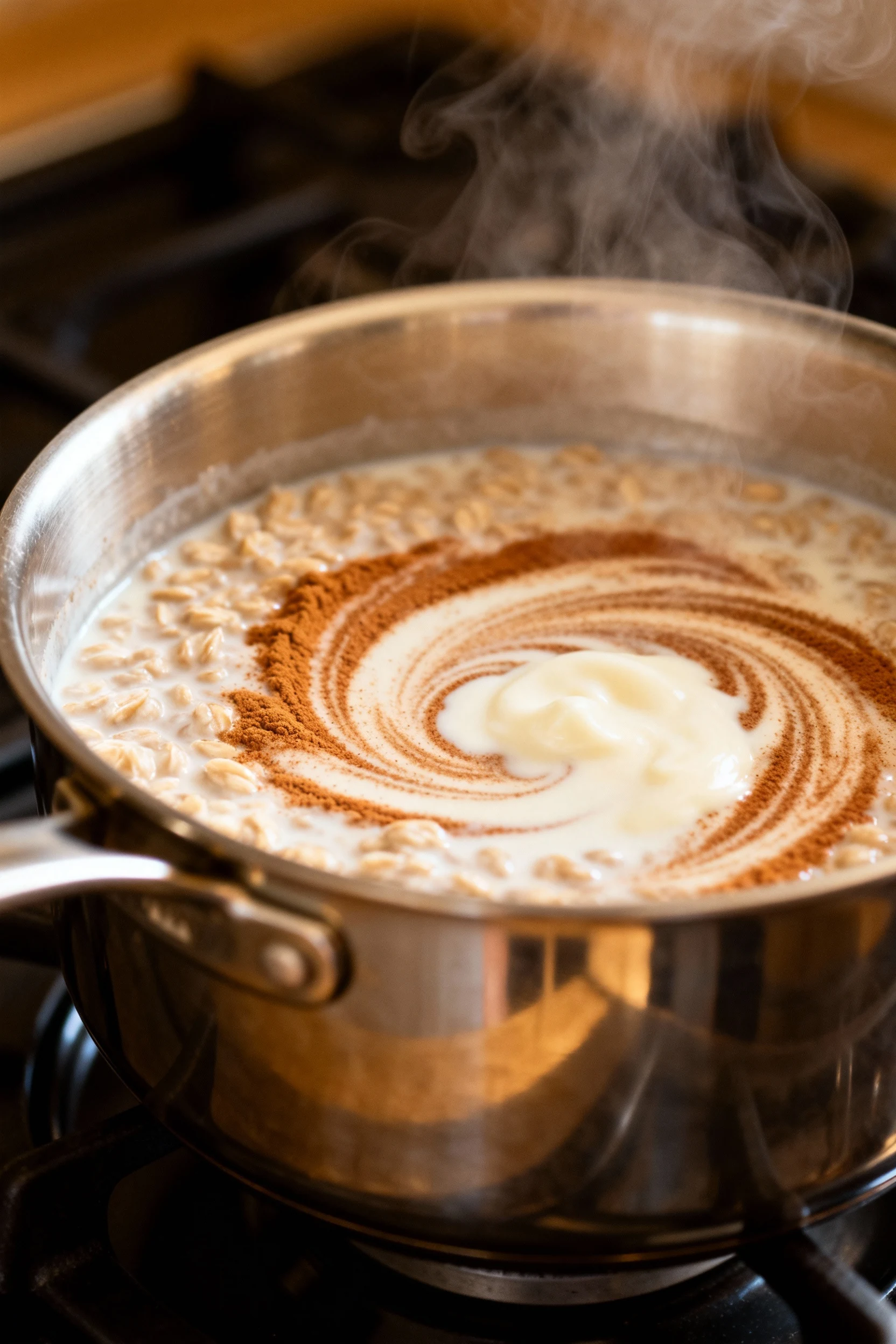 Cooking process shot of oats simmering in plant-based milk in a stainless steel saucepan, cinnamon swirling through the 