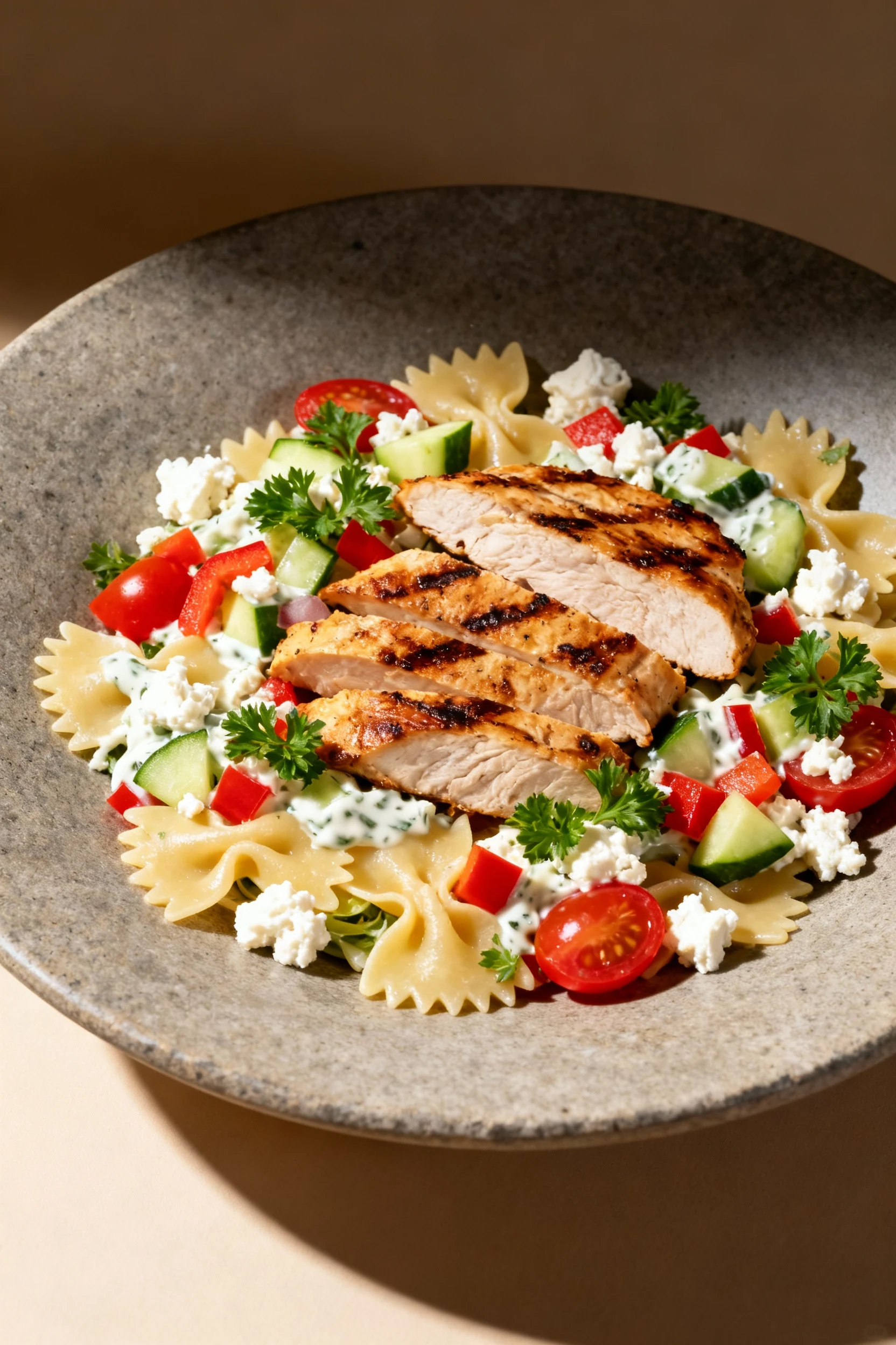 Final plated cold pasta salad variation with grilled chicken strips nestled among farfalle pasta, creamy feta, crisp veg