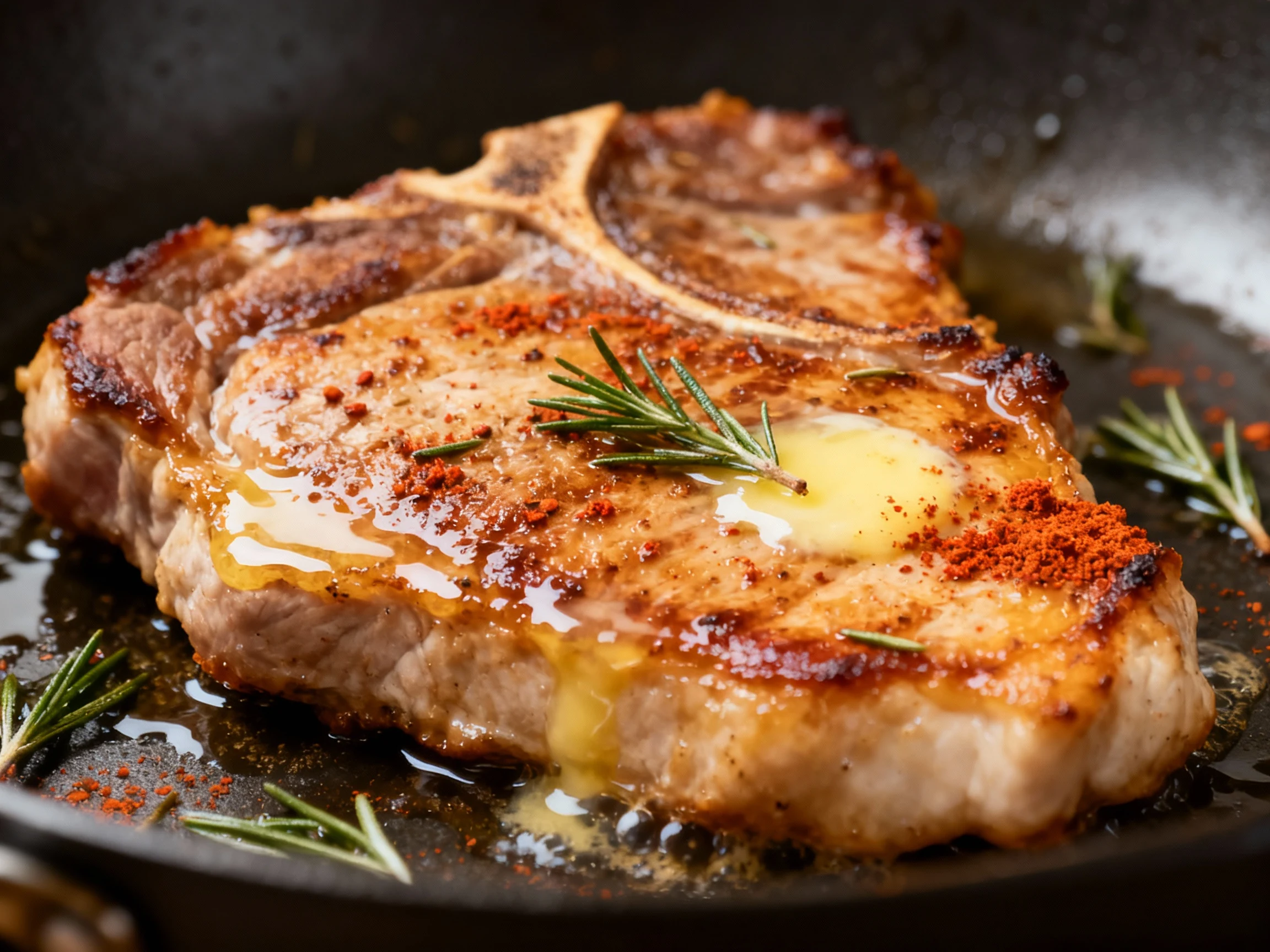 Food photography, Close-up of golden-brown seared boneless pork chop in skillet, edges slightly crisp, glistening with m