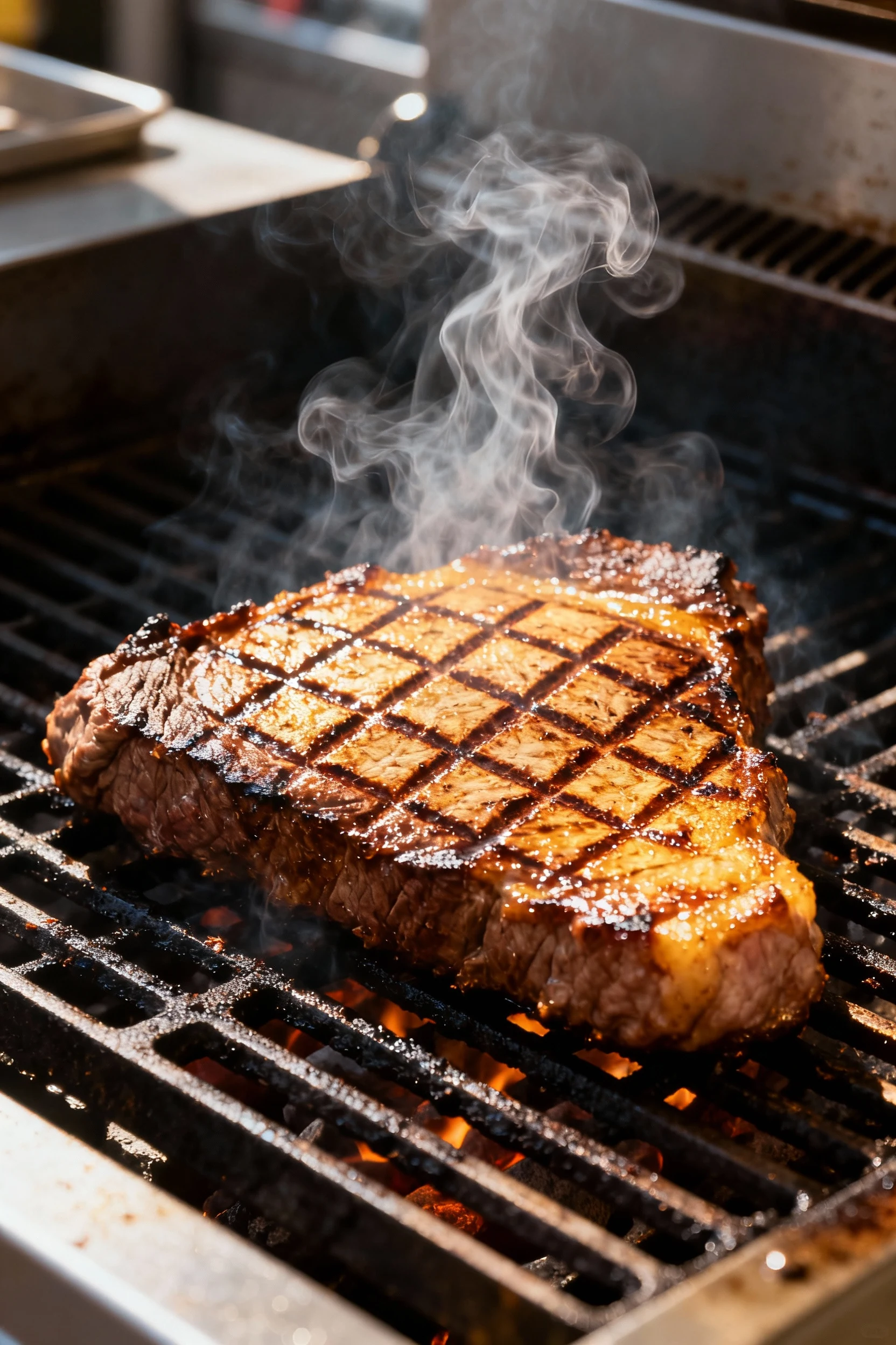 Grilling process shot of London broil over high heat, with sizzling surface and visible grill marks, wisps of smoke curl