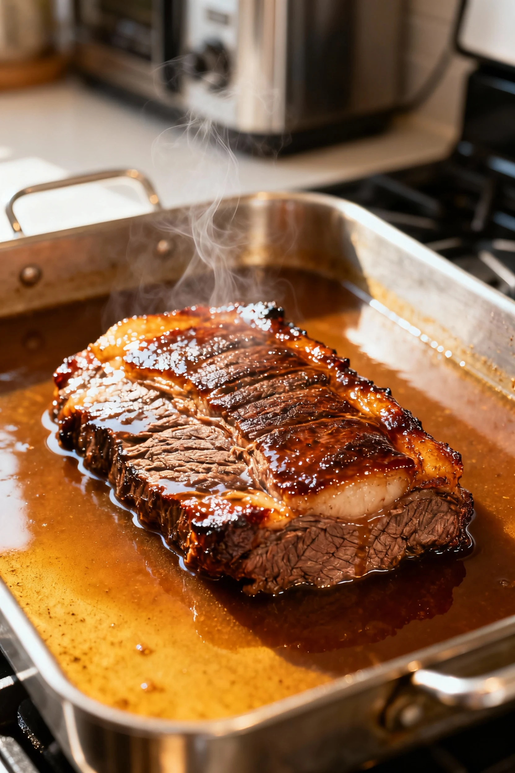 Cooking process shot of brisket in a roasting pan bathed in rich beef broth and Worcestershire sauce halfway through coo