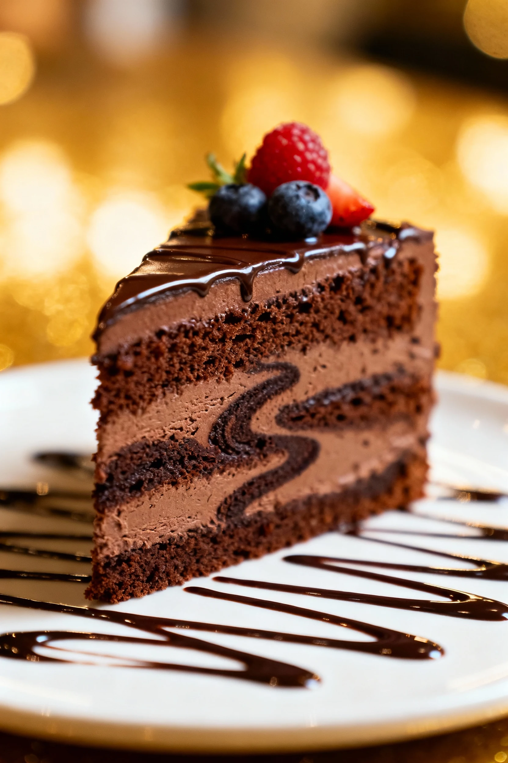 Side view of a chocolate variation cake sliced to reveal a moist, rich interior with swirls of deep cocoa, plated with a