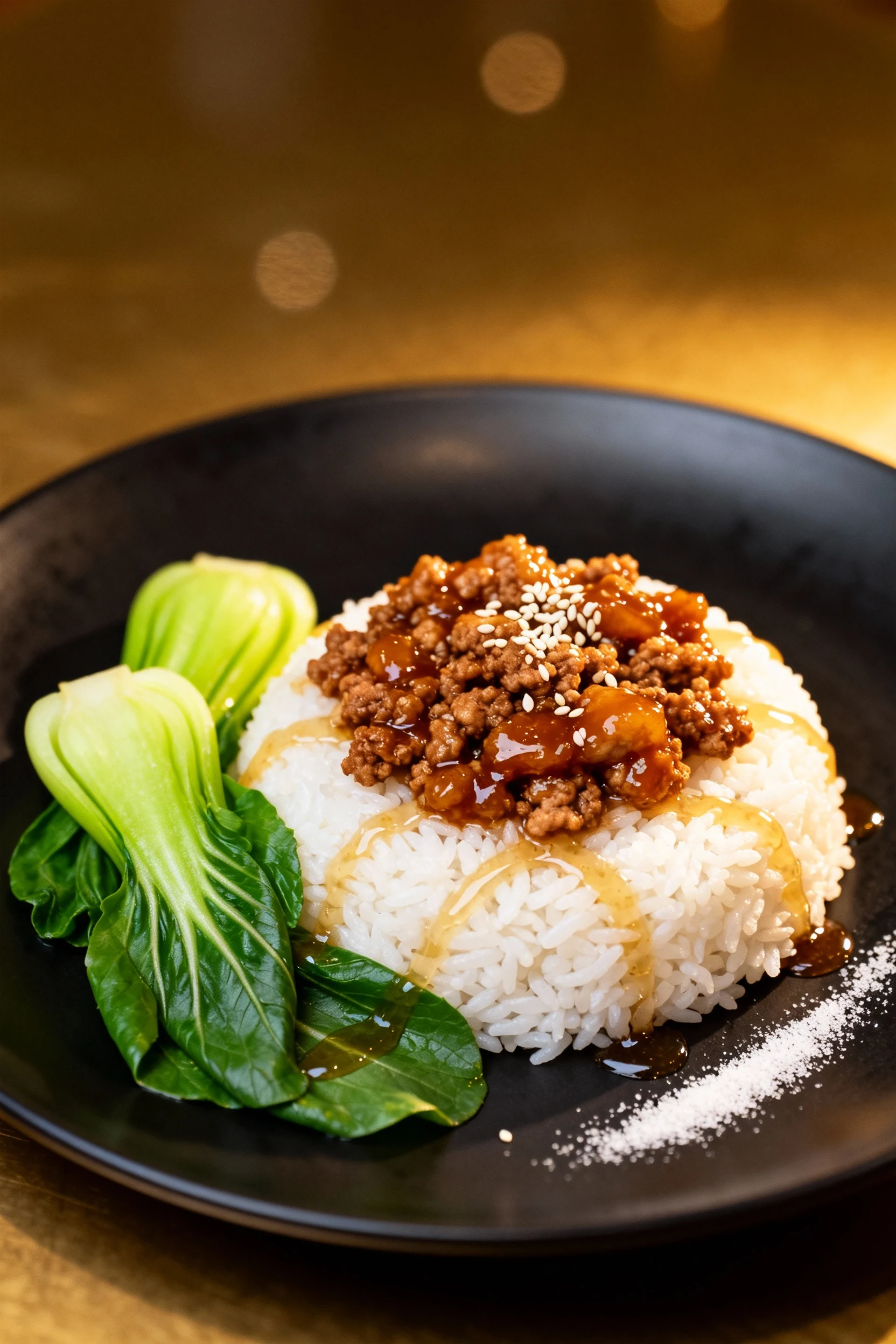 Beautifully plated soy-ginger ground pork served over fluffy steamed jasmine rice on a matte black plate, drizzled with 