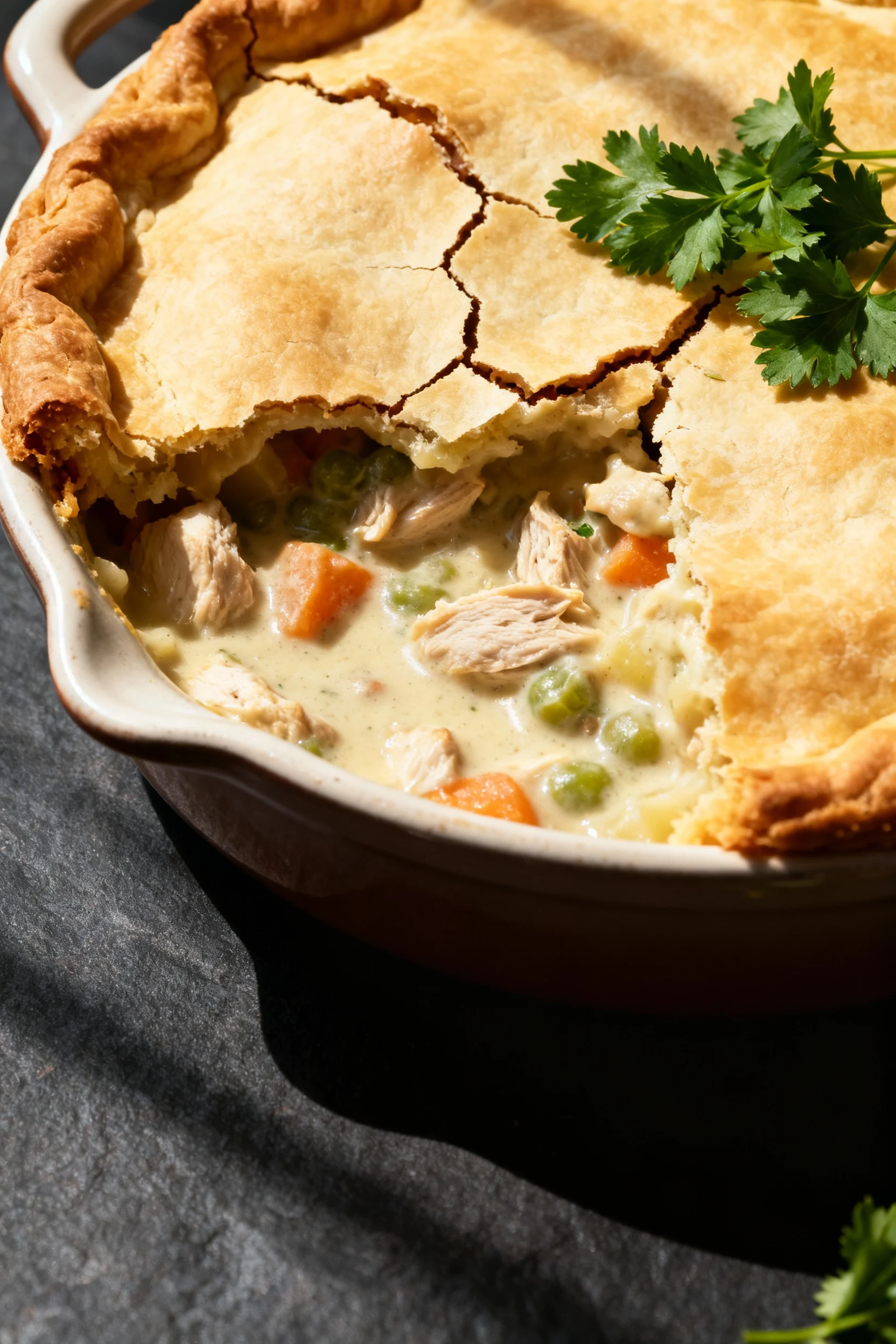 Chicken pot pie in a ceramic baking dish just pulled from the oven, creamy filling visible through a cracked, flaky crus