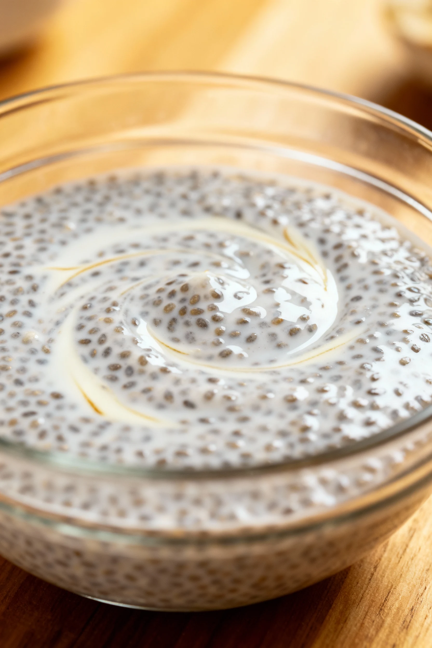 Cooking process shot showing chia pudding mixture just after the second stir in a clear bowl—smooth, evenly hydrated see