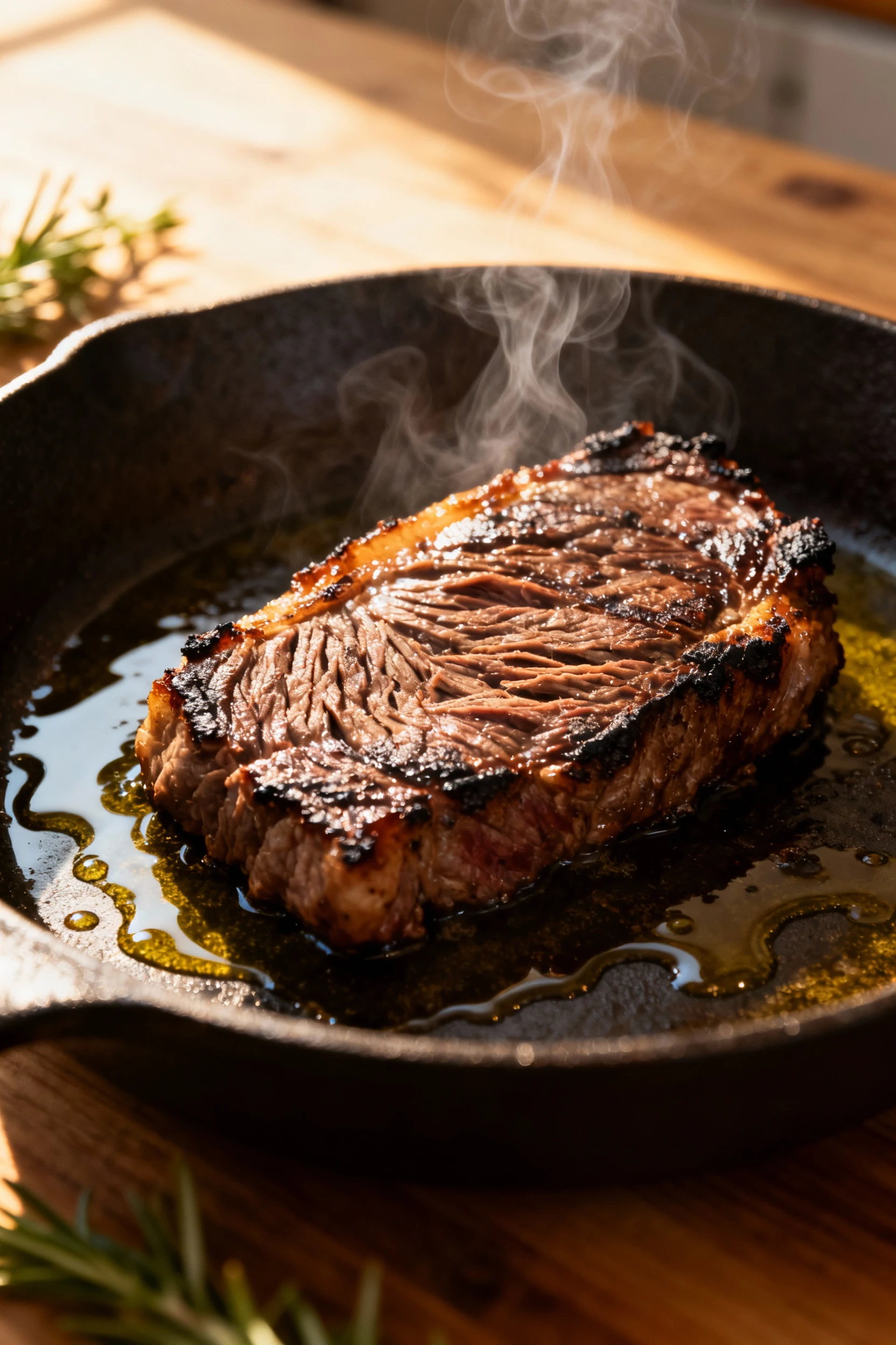 3. Skirt steak cooking on a hot cast-iron skillet, vivid detail of sizzling edges and caramelized surface, wisps of stea
