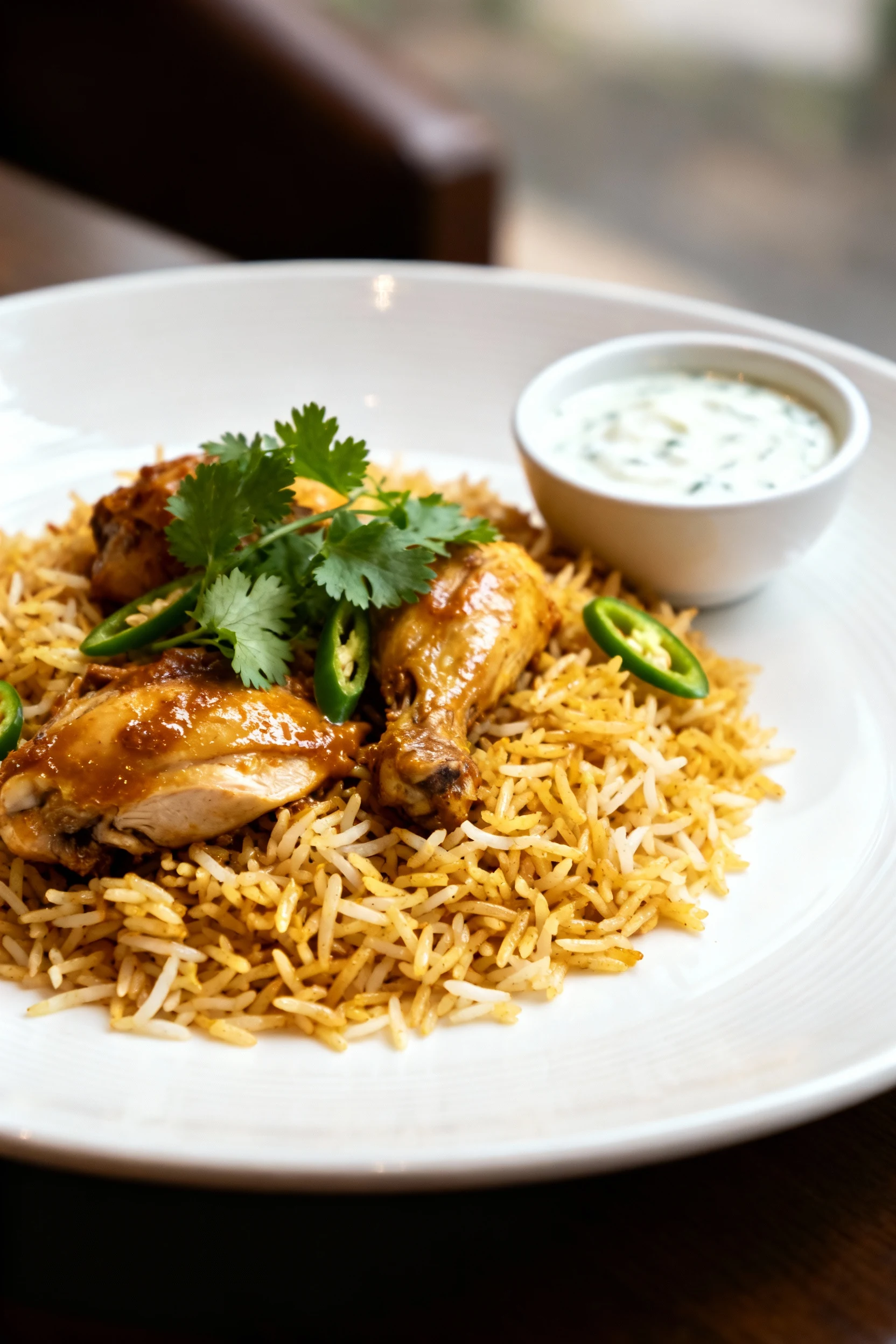 Beautifully plated chicken and rice biryani on a white ceramic plate with cilantro garnish and sliced green chili, accom