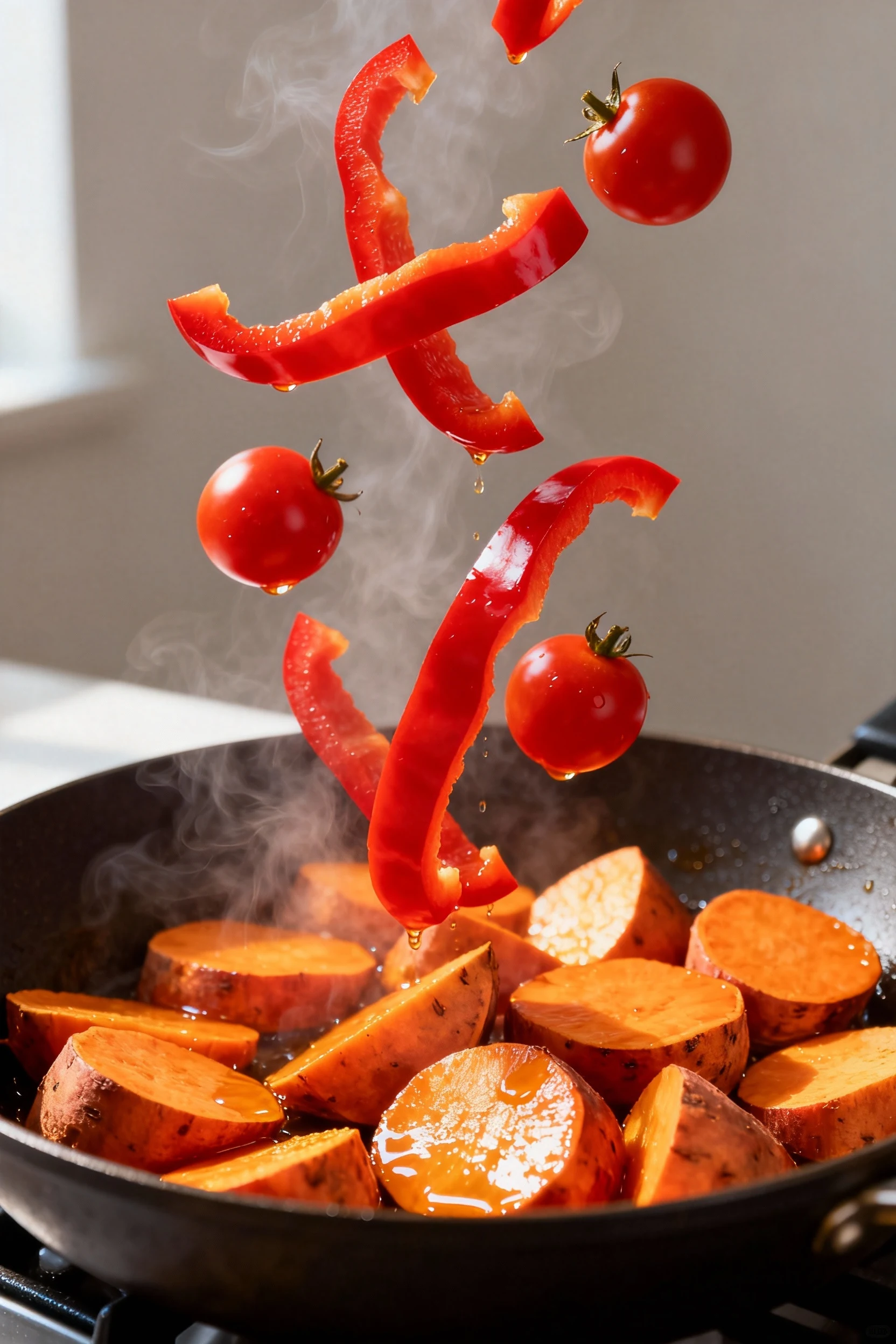 Cooking process shot of bright red bell pepper strips and cherry tomatoes added to a skillet with softened sweet potatoe