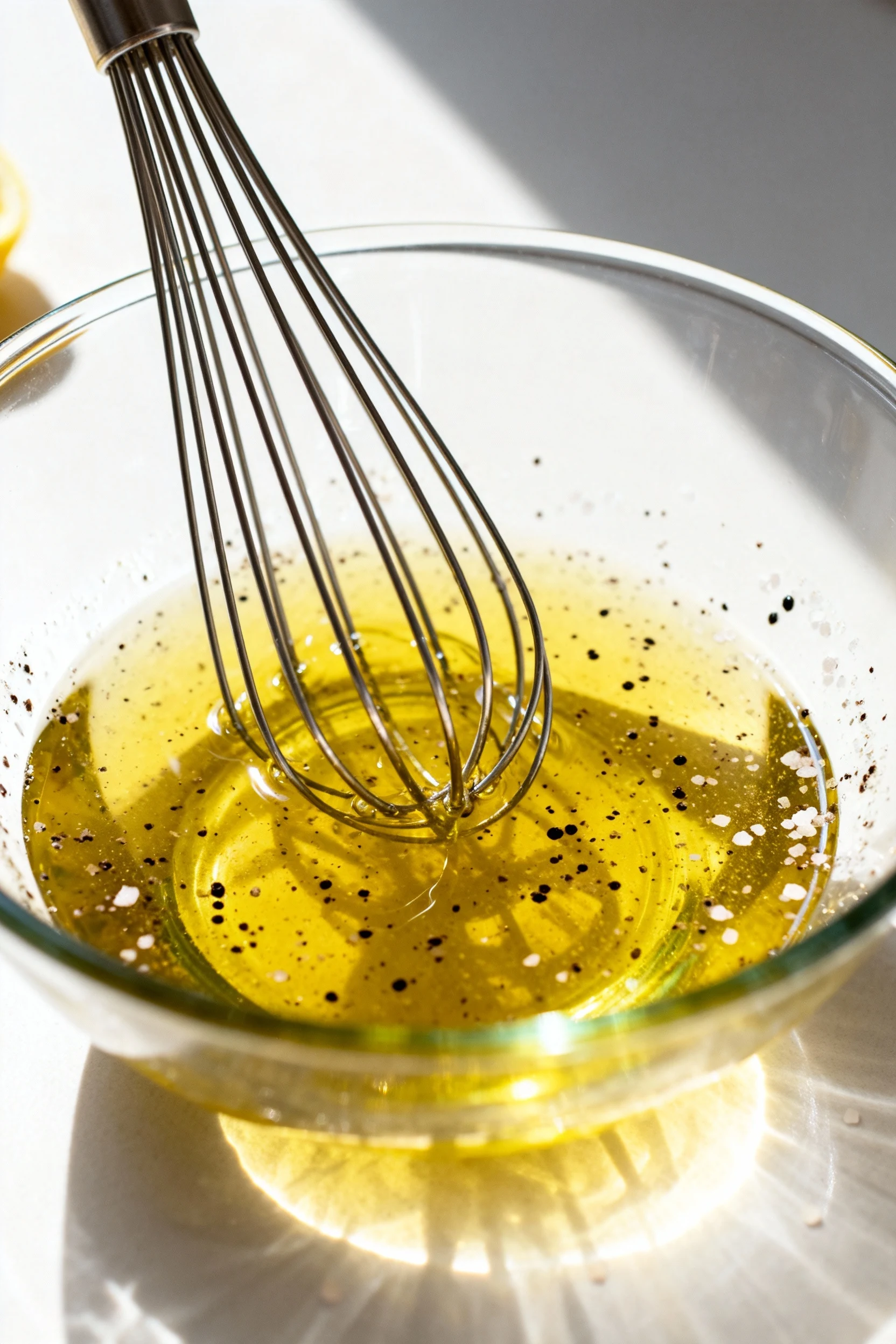 3. Cooking process shot of lemon-olive oil dressing being whisked in a glass bowl, flecks of black pepper and sea salt v