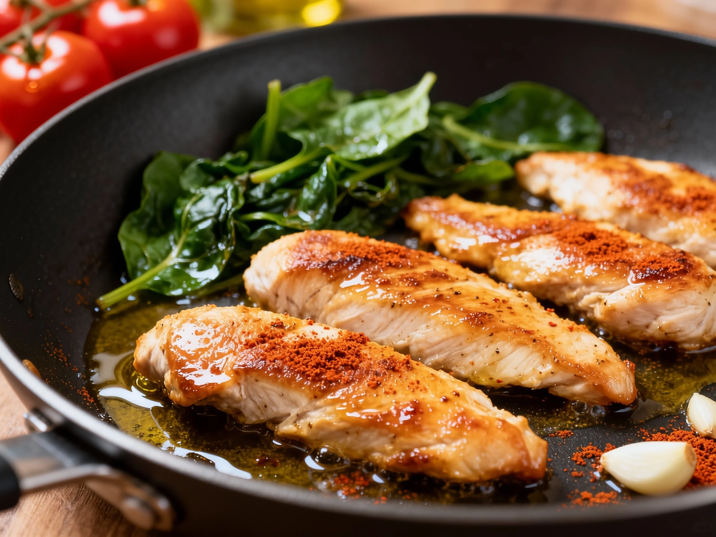 Food photography, 1. Close-up of sizzling chicken strips in a nonstick skillet, golden-brown edges glistening with olive